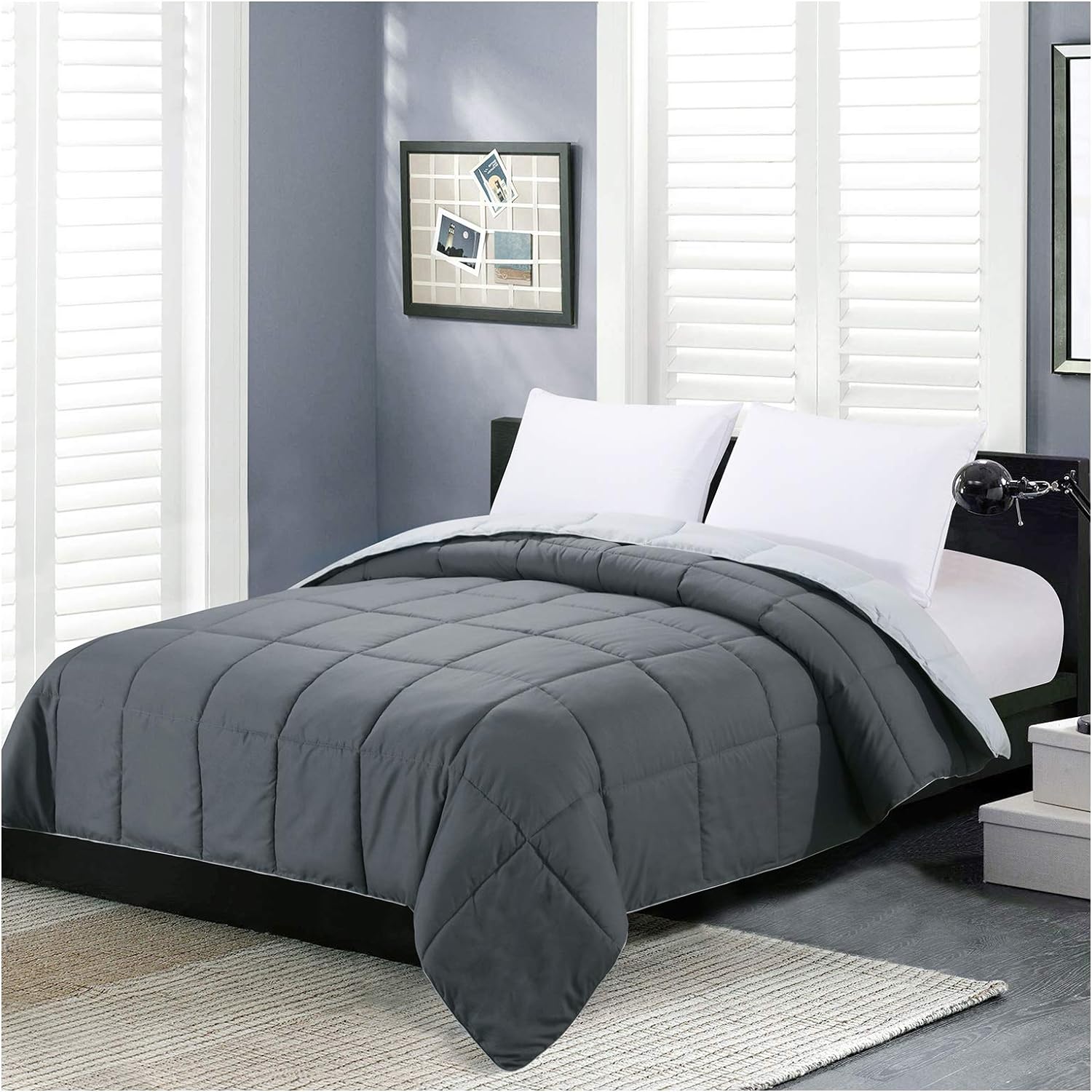 Homelike Moment Lightweight Queen Comforter - Grey Down Alternative Bedding Comforters Queen Size, All Season Duvet Insert Quilted Reversible Bed Comforter Soft Queen Full Size Dark Gray/Light Grey