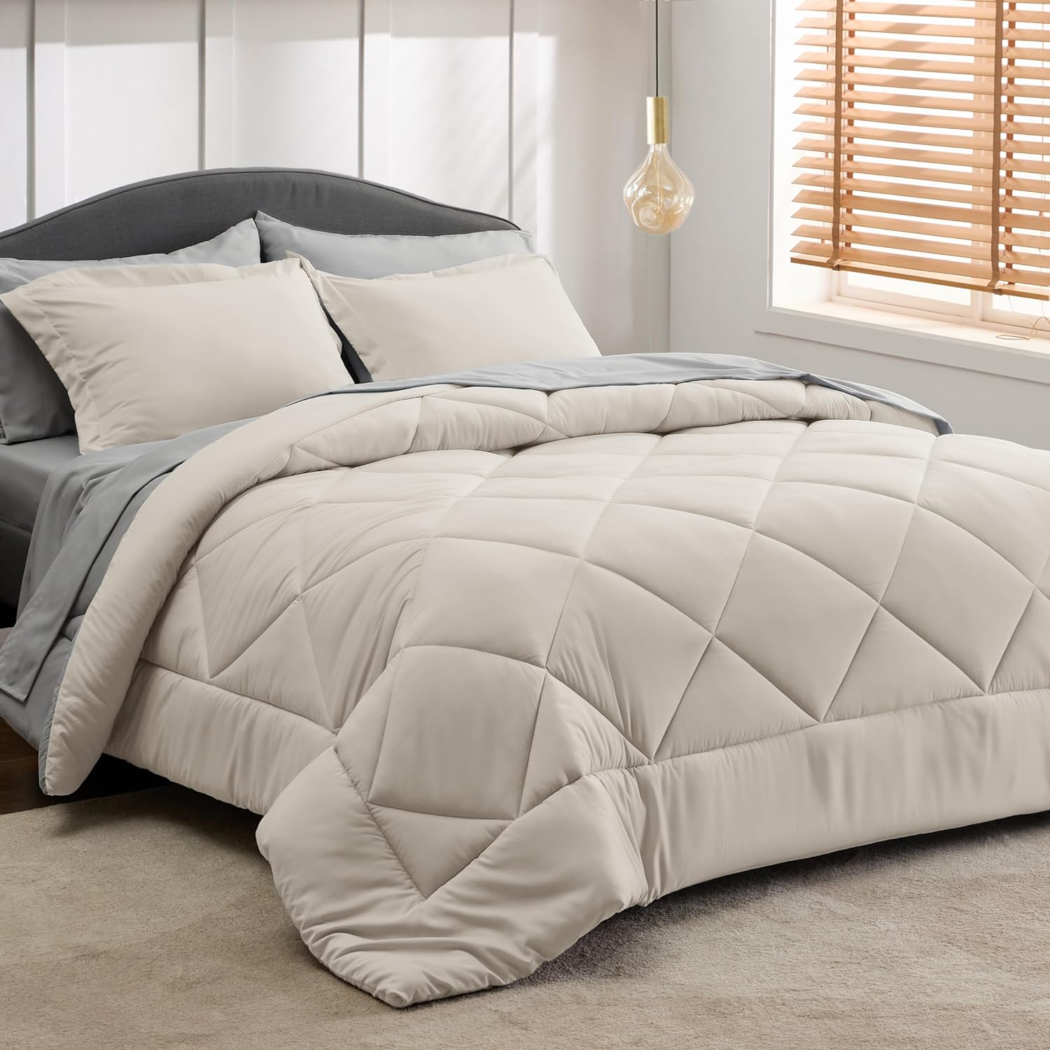 Bedsure Beige Comforter Set - 7 Pieces Reversible Bed in a Bag with Comforters, Sheets, Pillowcases & Shams, Bedding Sets