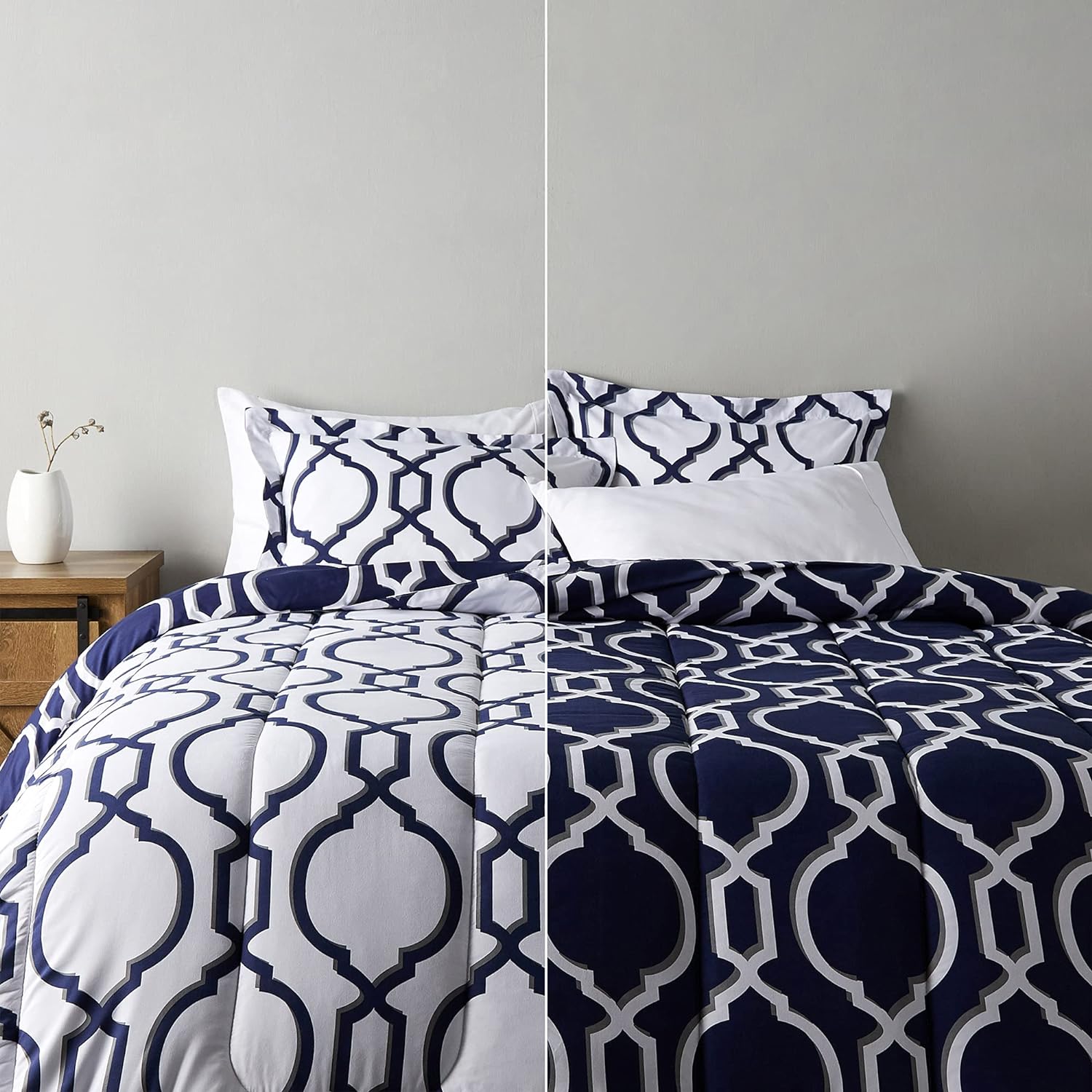 Amazon Basics Ultra-Soft Lightweight Microfiber Reversible Comforter 3-Piece Bedding Set, Full/Queen, Navy Blue Mosaic, Geometric