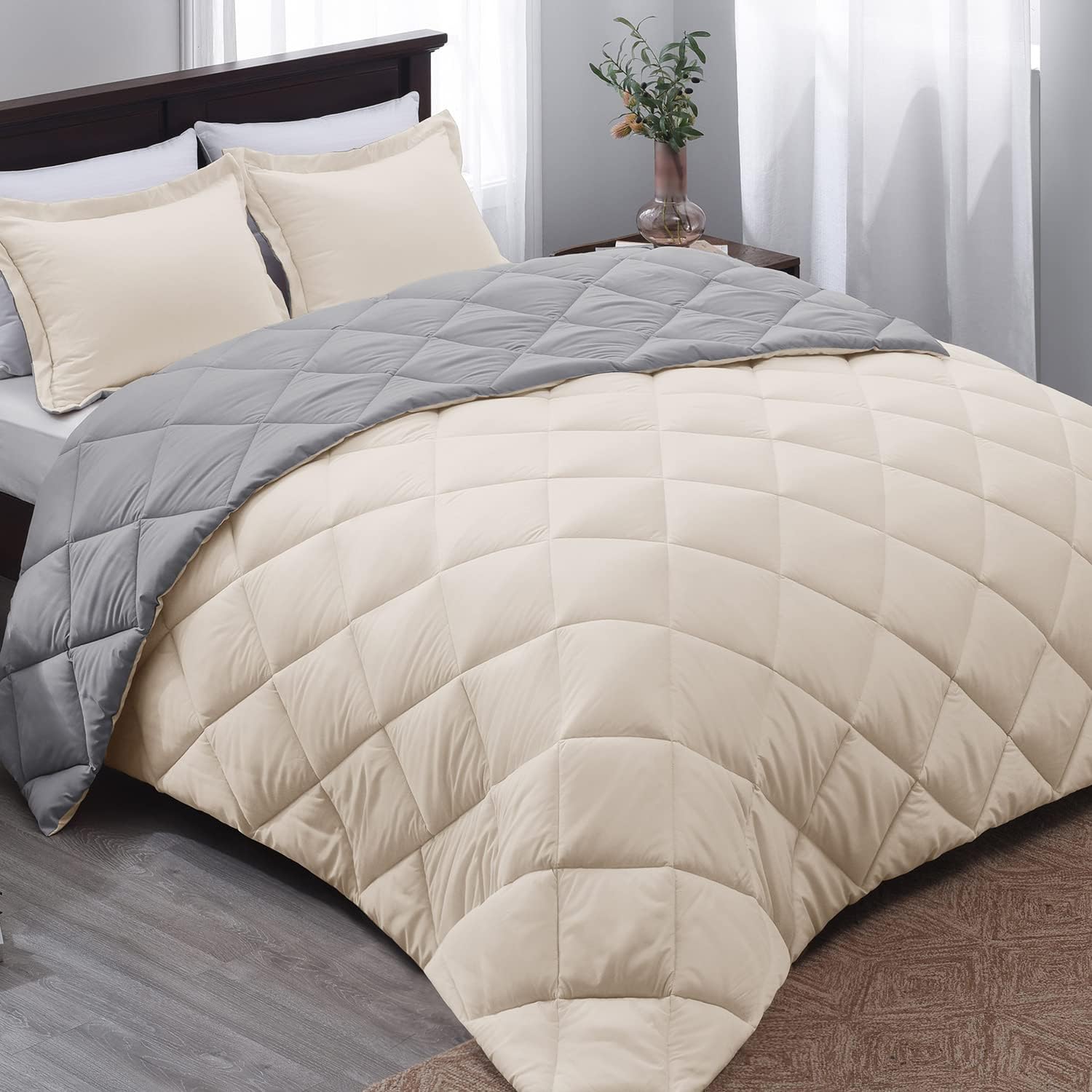 Basic Beyond Twin Comforter Set -Beige Comforter Set Twin, Reversible Twin Bed Comforter Set for All Seasons,Beige/Grey, 1 Comforter (66x92) and 1 Pillow Sham (20x26 2)