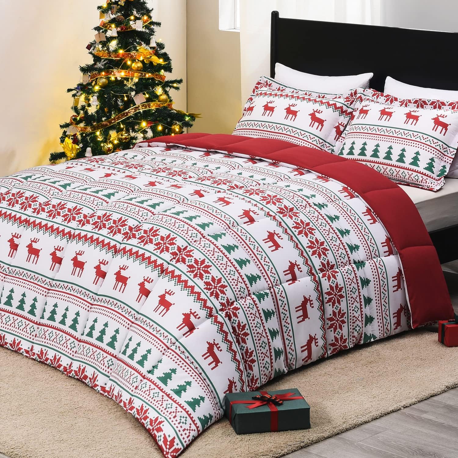 downluxe Twin Christmas Comforter Set with 1 Pillow Sham - Christmas Decoration Twin Comforter Set with Christmas Reindeer and Snowflake Patterns - Twin Bed Comforter Set(2-Piece Set)