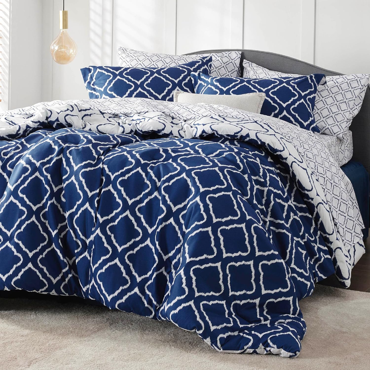 Bedsure Queen Comforter Set 7 Pieces - Navy Blue Quatrefoil Comforters Queen Size, Lightweight Bedding Sets for All Season, Bed in a Bag with Comforters, Sheets, Pillowcases & Shams