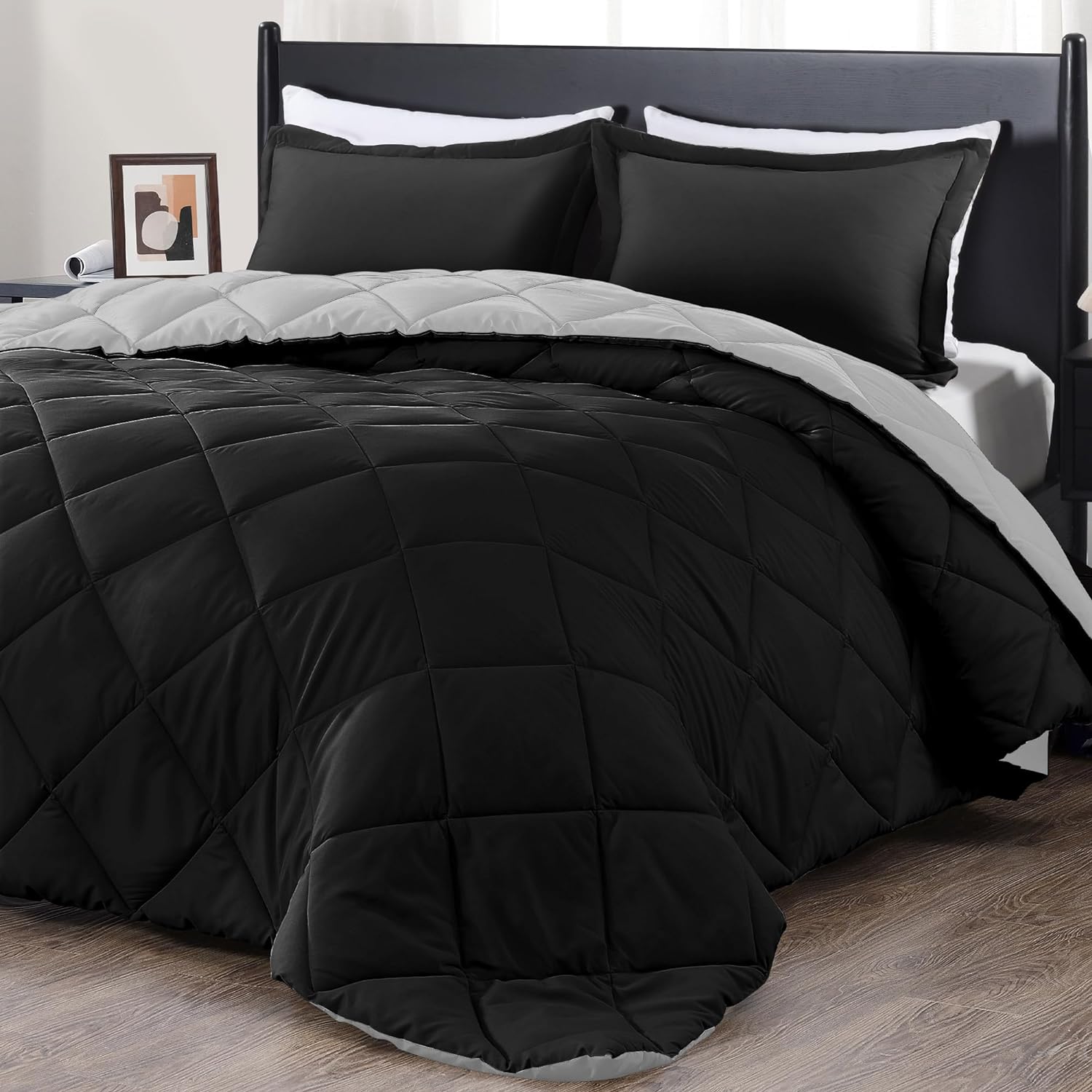 downluxe Twin Comforter Set - Black and Grey Twin Comforter, Soft Bedding Sets for All Seasons -2 Pieces - 1 Comforter (66x92) and 1 Pillow Sham(20x26)