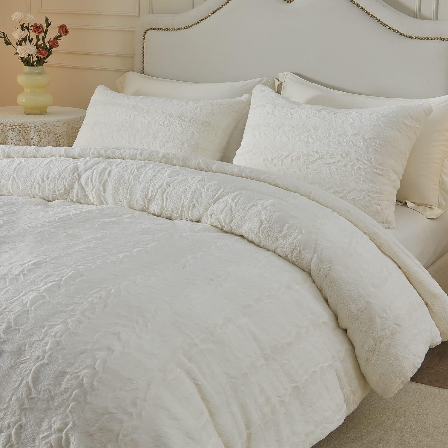 Faux Fur Duvet Cover Set Ultra Soft Marbled Ivory Comforter Cover Set Luxury Fluffy Plush Fuzzy 3 Pieces Bedding Set(1Comforter+2 Pillowcases) (Full Size,Ivory White)