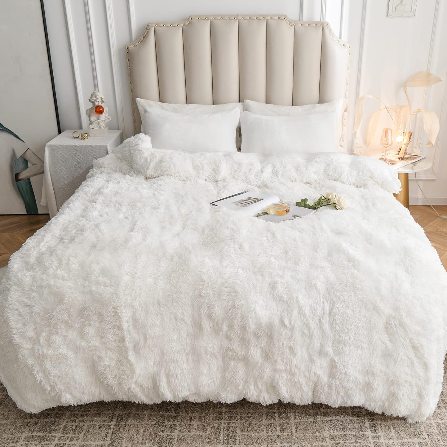 CHOSHOME Plush Shaggy Duvet Cover Queen Size, 3 PCS Fluffy Comforter Fuzzy Flannel Bedding Sets(1 Faux Fur Duvet Cover + 2 Pillowcases), Zipper Closure & 8 Corner Ties, White