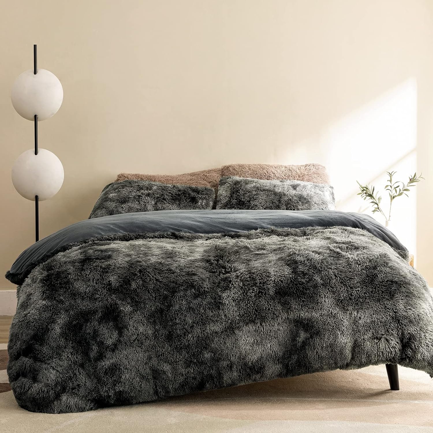 Dreamcountry Plush Fluffy Duvet Cover Oeko-TEX Certified Luxury Ultra Soft Shaggy Crystal Velvet Bedding Comforter Set 2 Pieces(1 Duvet Cover + 1 Pillow Shams) Zipper Closure(Queen,Tie-dye Dark Grey)