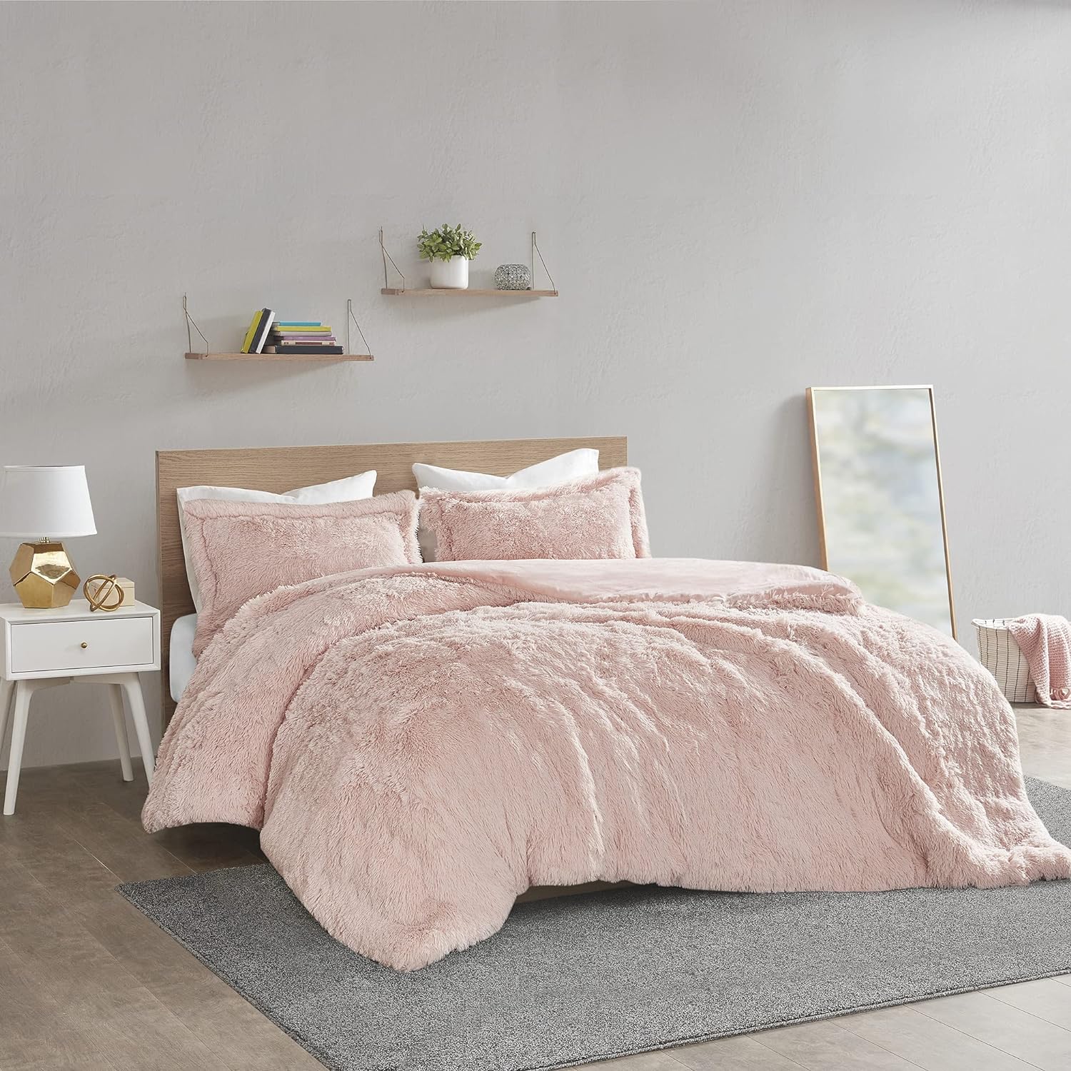 Intelligent Design Malea Shaggy Duvet with Quilted Box Design, Long Faux Fur Comforter Cover Cozy Bedding Set, Matching Shams, (Insert Not Included) Full/Queen, Blush 3 Piece, 90x90