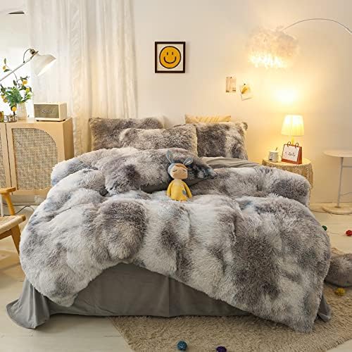 Shaggy Plush Duvet Cover Set Super Soft Fluffy Faux Fur Comforter Cover Set Luxury Fuzzy Bedding Set 3 Piece(1Duvet Cover+2Pillowcases) with Zipper Closure(Queen Size,Gray White Ombre)