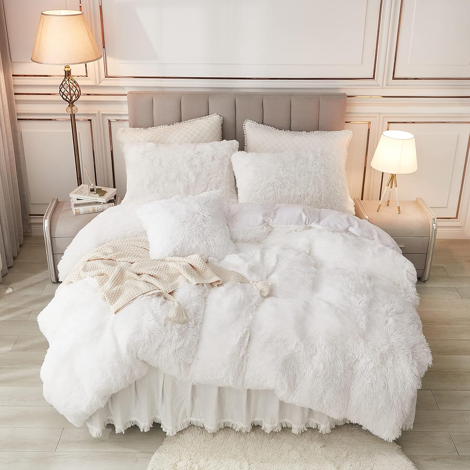 annadaif Plush White Queen Duvet Cover, Fluffy Soft Faux Fur Velvet Comforter Cover, Luxury Fuzzy Shaggy Bedding Sets 3 Pieces(1 Duvet Cover,2 Pillowcases), Zipper Closure