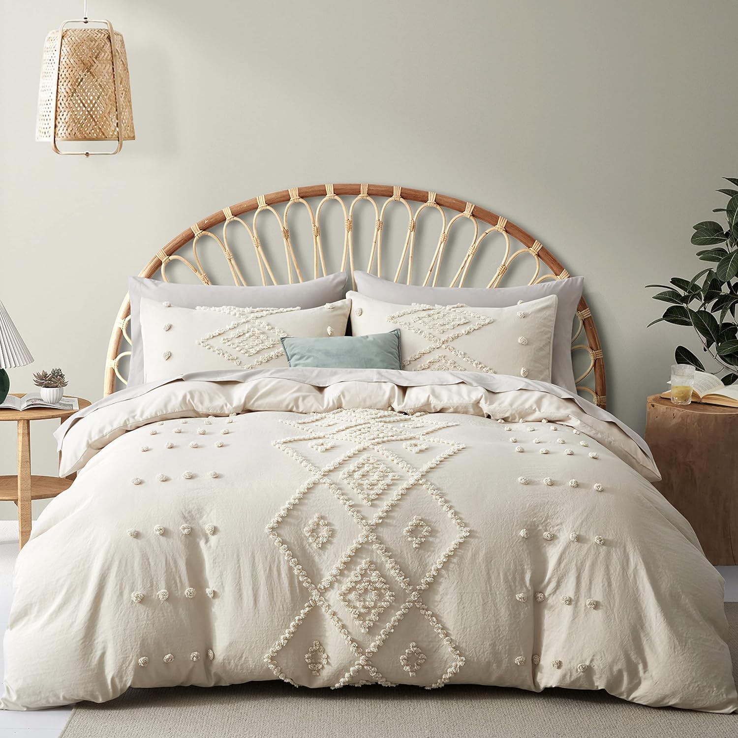 Oli Anderson Tufted Duvet Cover Queen Size, Soft and Lightweight Duvet Covers Set for All Seasons, 3 Pieces Boho Embroidery Shabby Chic Bedding Set (Beige, Queen, 90 x 90)