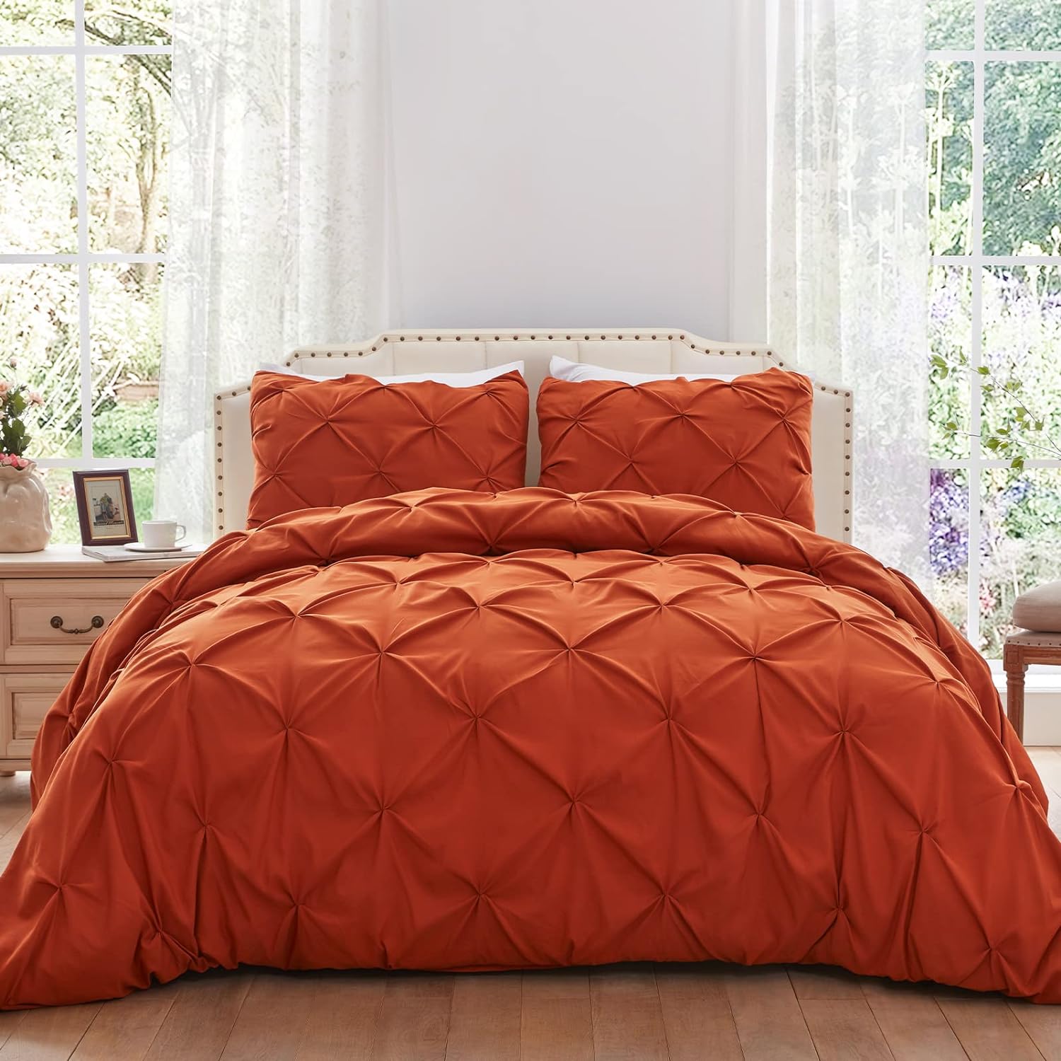 SunStyle Home Pinch Pleated Duvet Cover Rust 3 Pieces Duvet Covers Queen Size Soft Microfiber Luxury Duvet Cover with Zipper Closure & Corner Ties for All Season(1 Duvet Cover, 2 Pillow Shams)