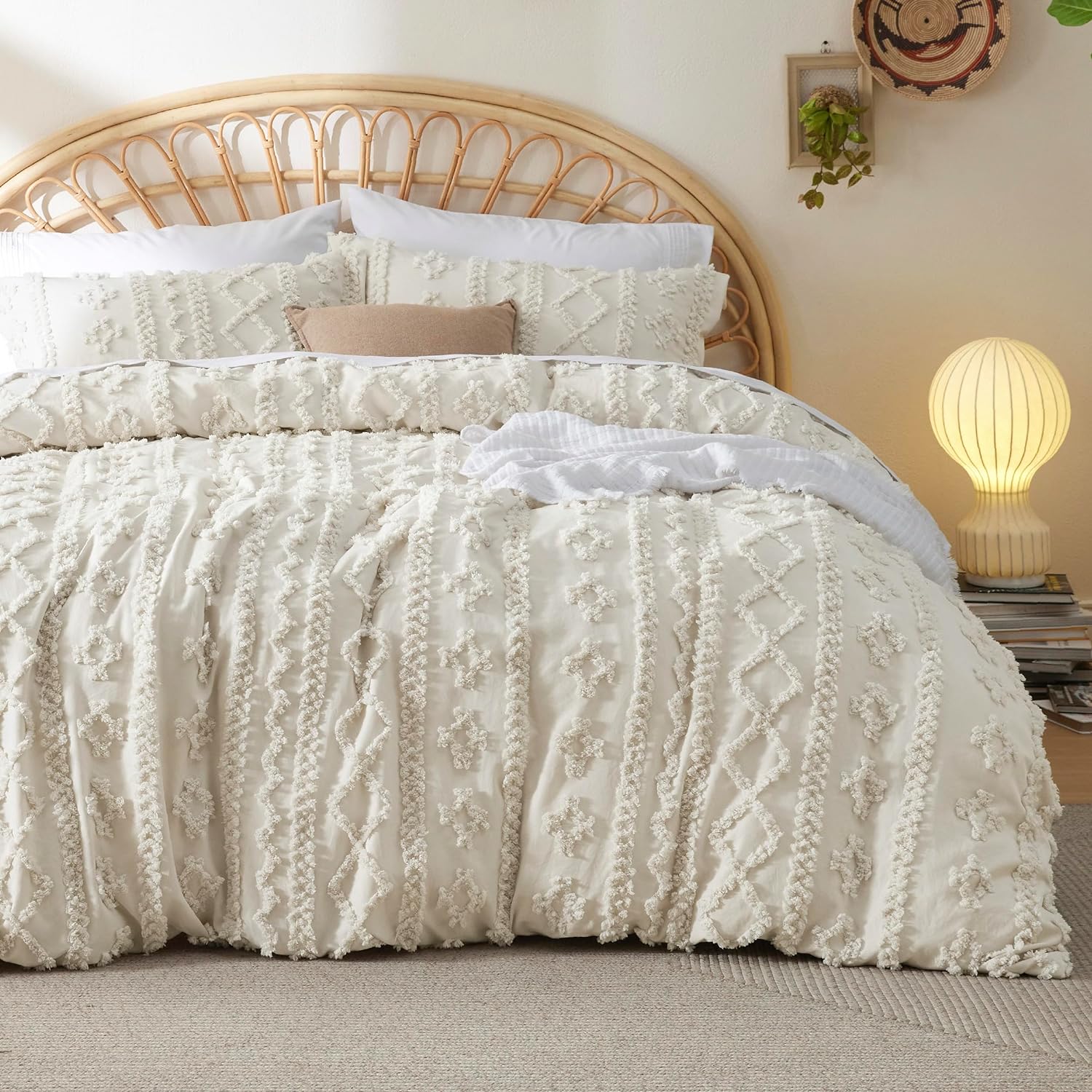 Bedsure Boho Duvet Cover Queen - Tufted Duvet Cover Queen Size for All Seasons, 3 Pieces Soft Shabby Chic Embroidery Boho Bedding Duvet Cover (Beige, Queen, 90x90)