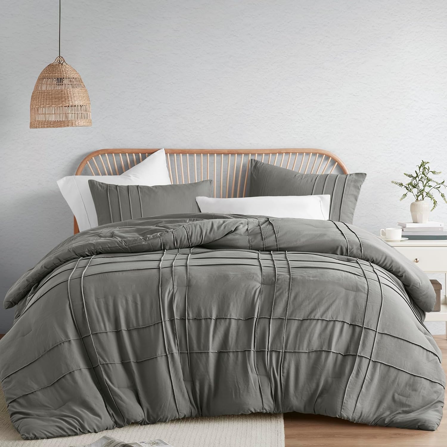 Comfort Spaces Grey Queen Duvet Cover Set - 3 Pieces Pintuck Pleated Farmhouse Duvet Cover, All Season Lightweight, Cotton-Like Softness Pre-Washed Microfiber Queen Bedding Cover Shams, Full/Queen