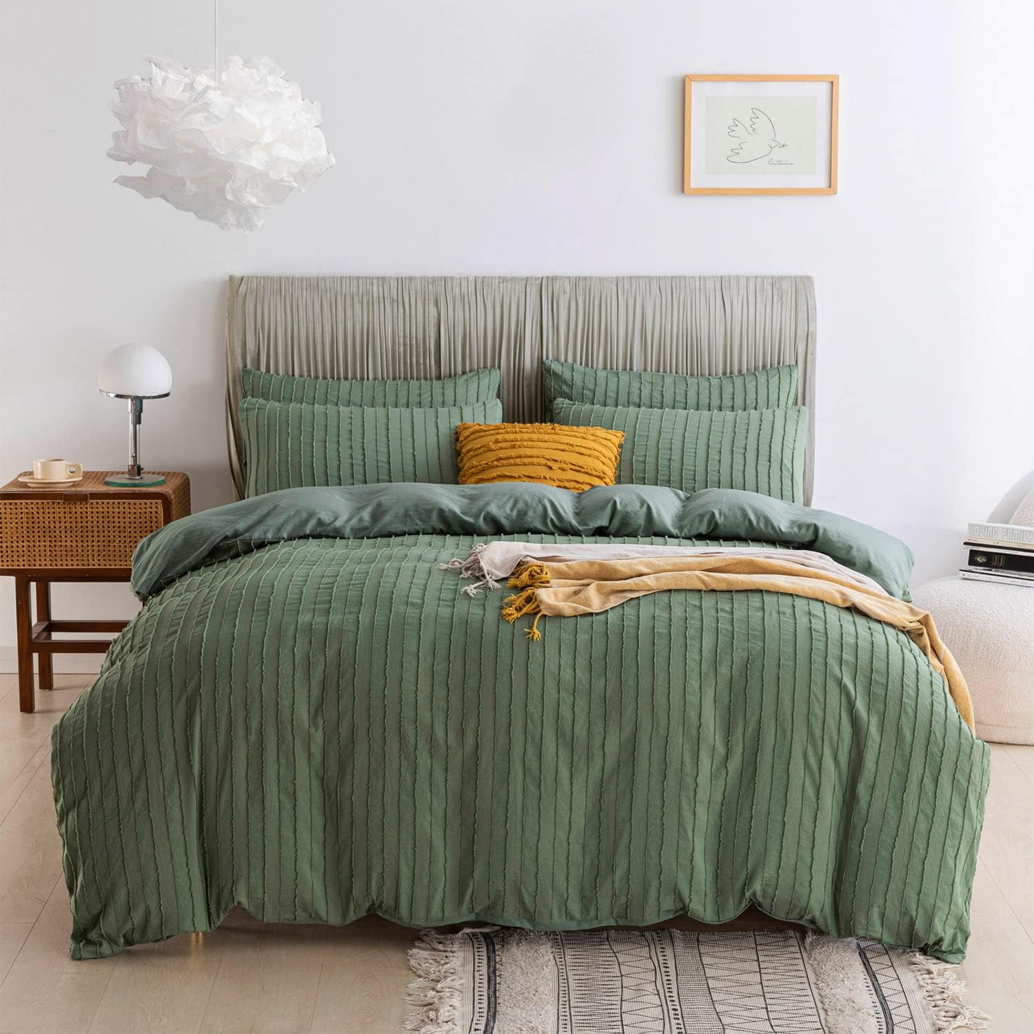 JELLYMONI Green Duvet Cover Queen Size - 3PCS Microfiber Tufted, Boho Striped, Textured Duvet Cover with Corner Ties & Zipper Closure