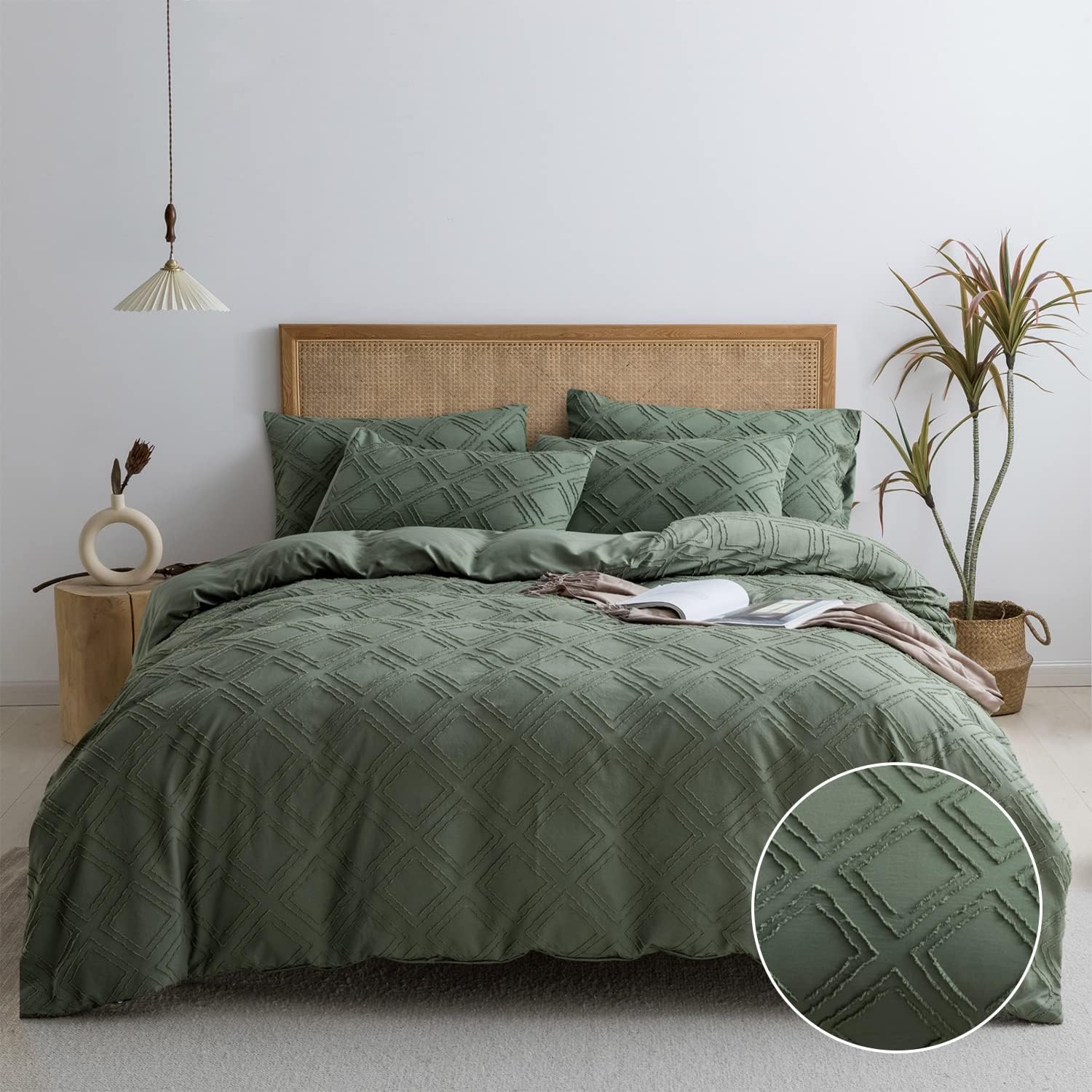 JELLYMONI Green Duvet Cover Set Queen Size - Microfiber Tufted, Boho Textured, Jacquard Rhombus Geometric Pattern Duvet Cover with Corner Ties & Zipper Closure