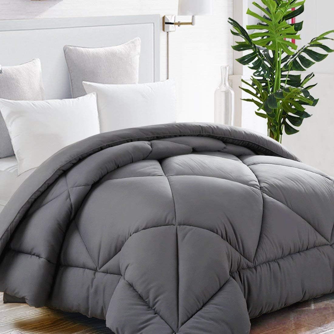 TEKAMON All Season King Comforter Winter Warm Summer Soft Quilted Down Alternative Duvet Insert Corner Tabs, Machine Washable Luxury Fluffy Reversible Collection for Hotel,Charcoal Grey