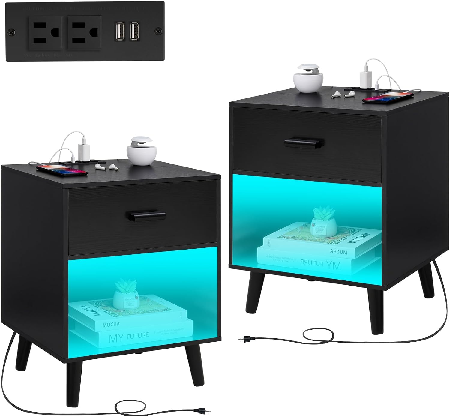 Quimoo Nightstands Set of 2, Nightstand with Charging Station & LED Light, Night Stands with Drawer for Bedroom,Black