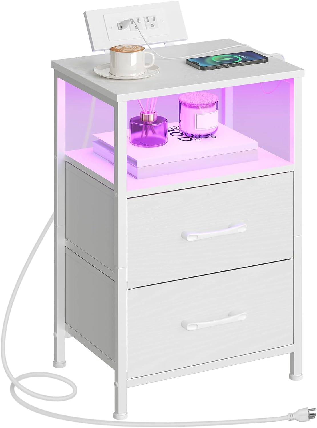 Nightstand with Charging Station and LED Light, LED Night Stand with 2 Fabric Drawers, End Table with Outlets and USB Ports, Bedside Tables for Bedroom White WT118UDBZ01