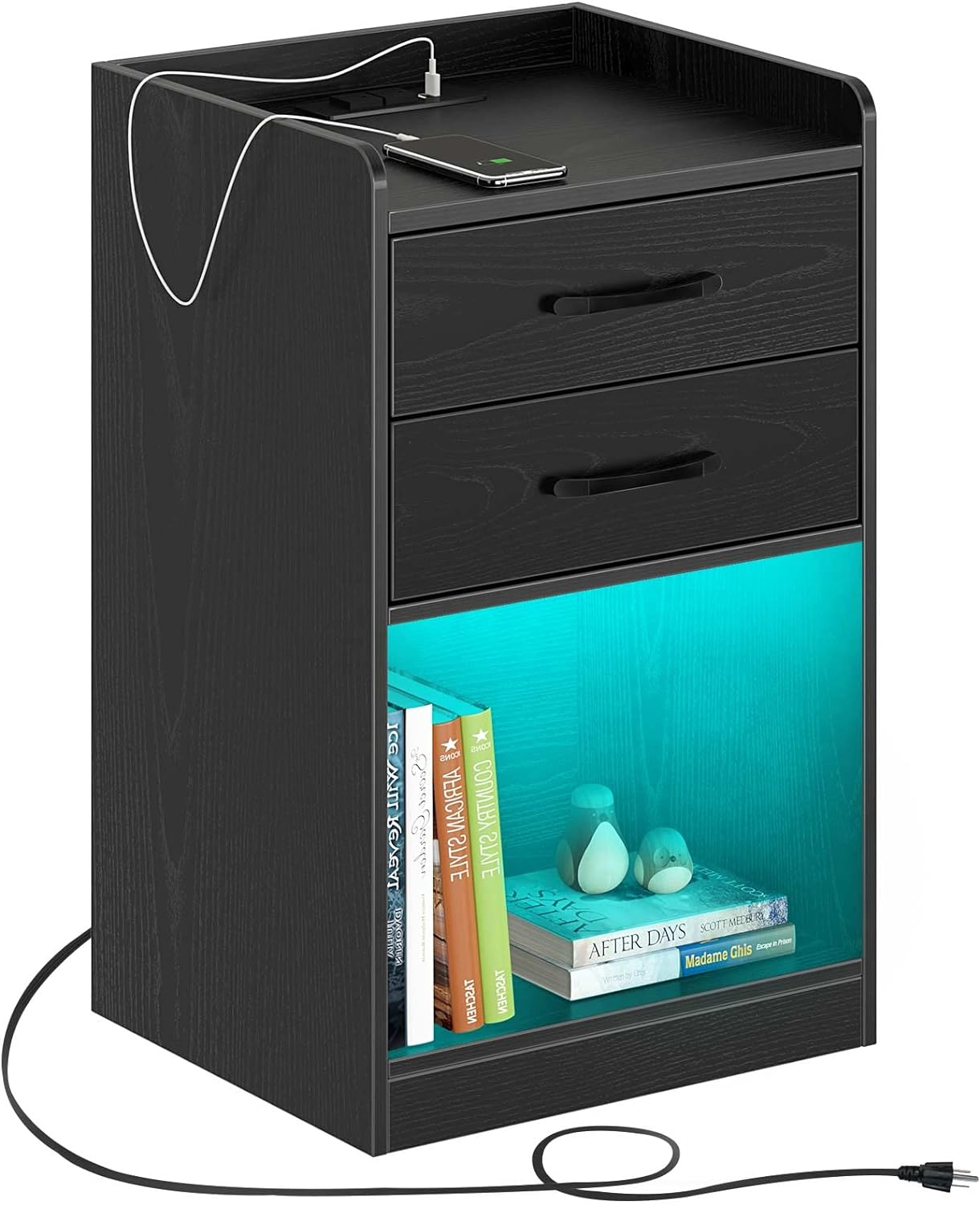 Seventable Nightstand with Charging Station and LED Lights, Modern Night Stand with 2 Drawers and Storage Open Compartment for Bedroom, Black