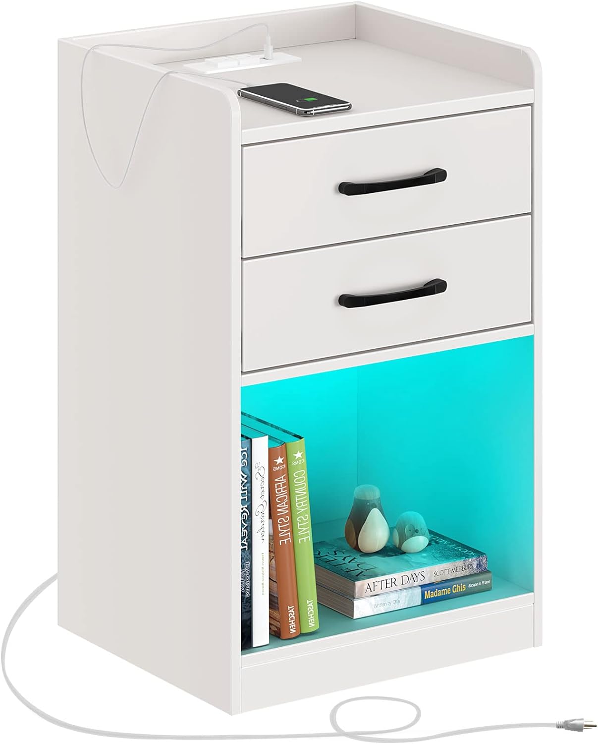 Seventable Nightstand with Charging Station and LED Lights, Modern Night Stand with 2 Drawers and Storage Open Compartment for Bedroom, White