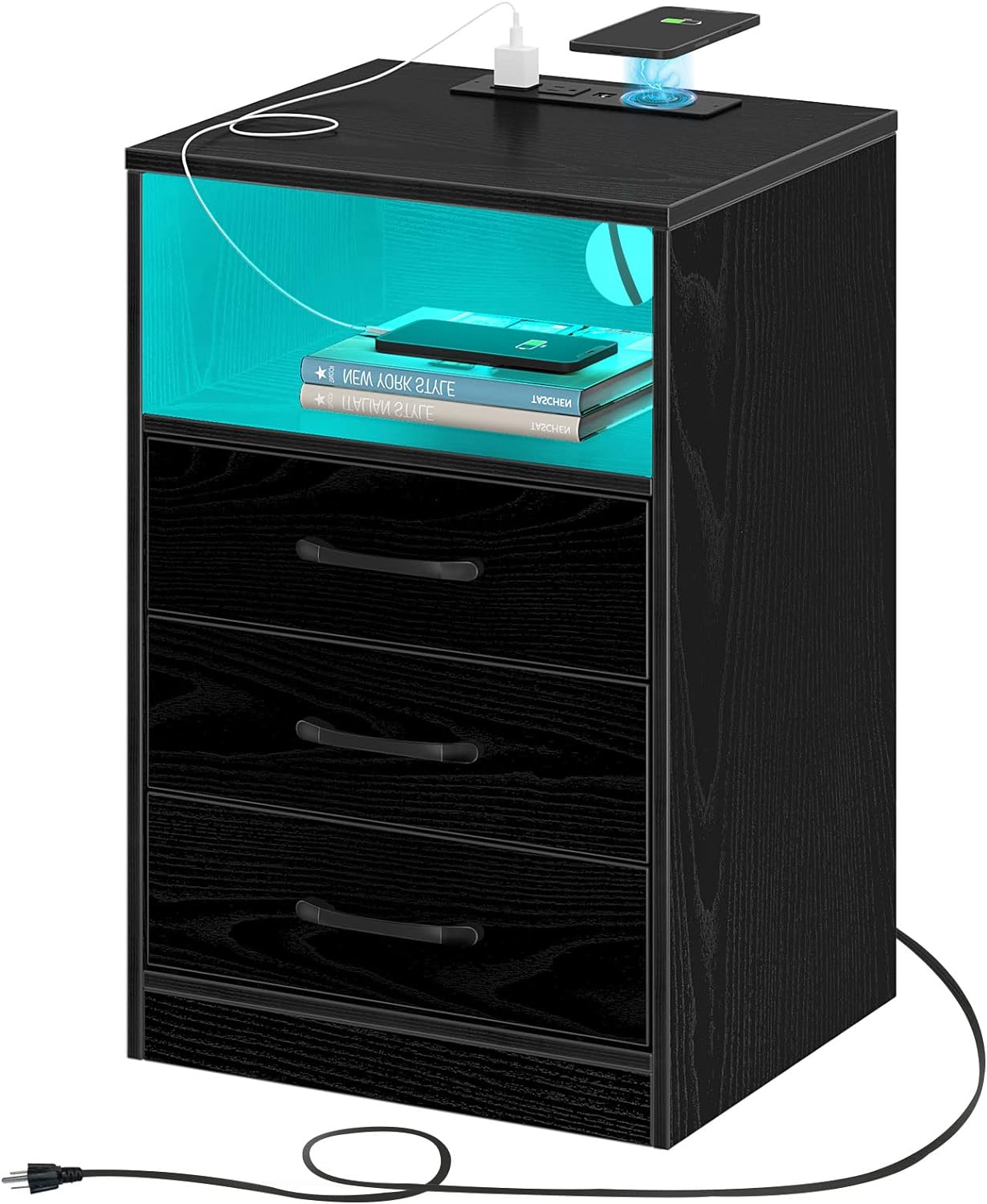 Seventable Nightstand with Wireless Charging Station and LED Lights, Modern End Side Table with 3 Drawers and Open Compartment for Bedroom, Black