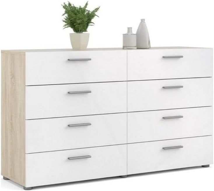 Engineered Wood 8 Drawer Double Dresser in Oak/White High Gloss, Dresser, Bedroom Furniture