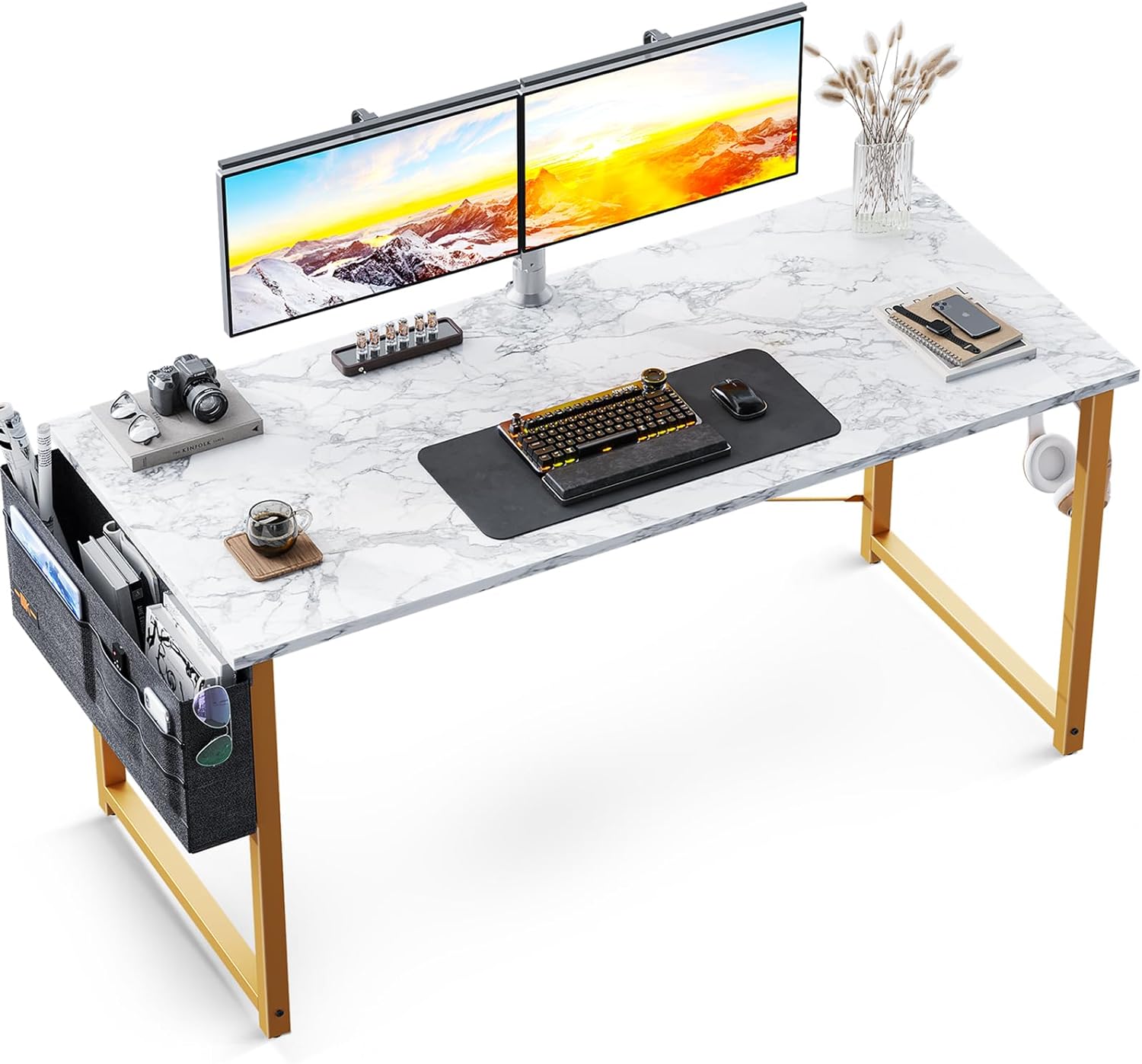 ODK 48 inch Computer Desk, Writing Desk Home Office Desk PC Study Table, Work Desk with Storage Bag and Headphone Hook, White Marble   Gold Leg