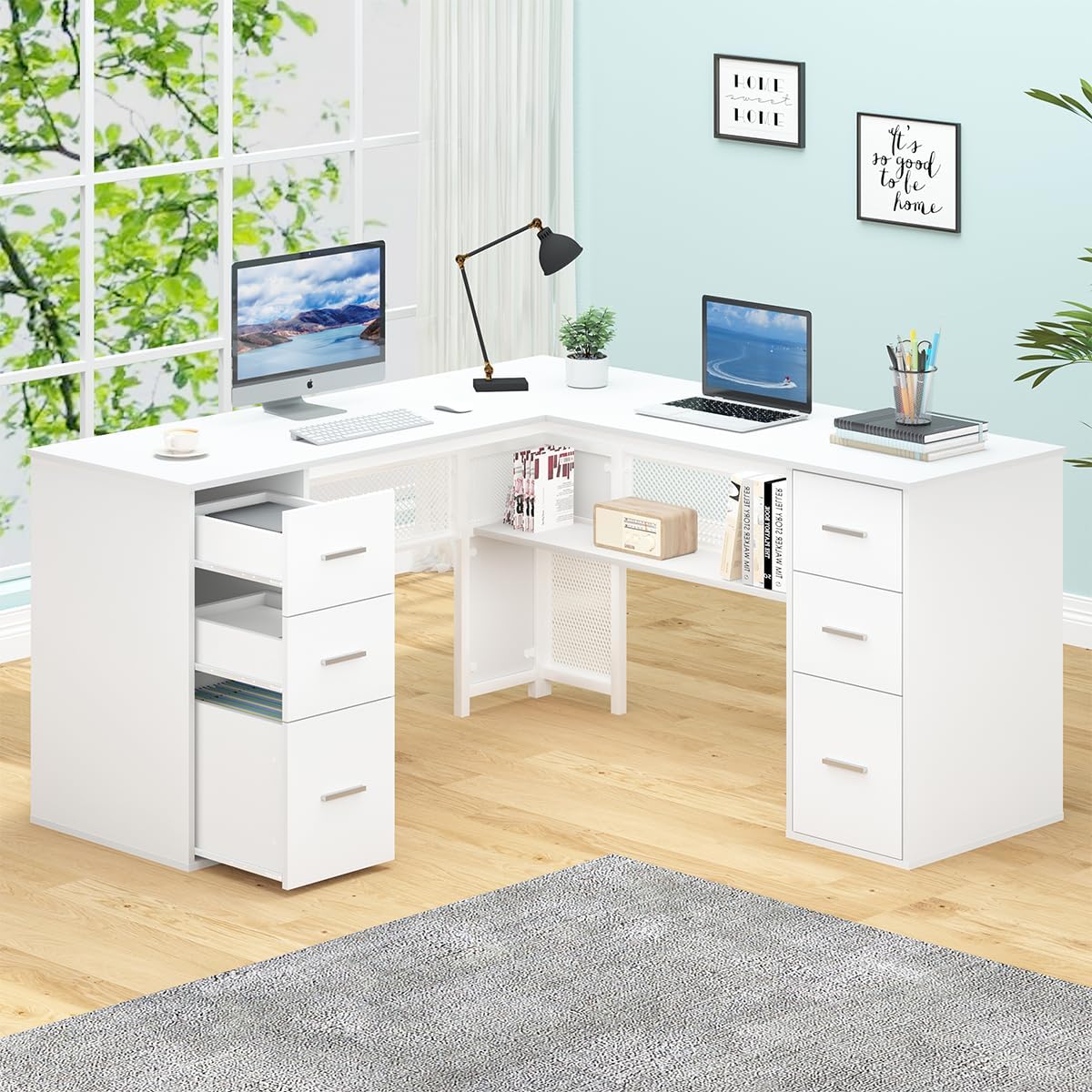 HSH White L Shaped Desk with Drawers Shelves, Large Home Office Corner Computer Desk with Storage File Cabinet, Modern Metal Wood Desk for Executive Writing Study Workstation, 59 Inch Bedroom Table