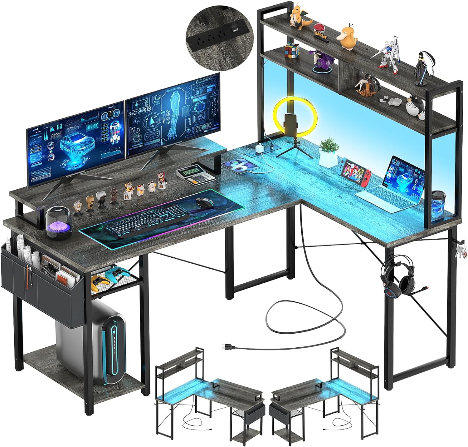 Aheaplus Small L Shaped Gaming Desk with LED Lights & Power Outlets, Reversible L-Shaped Computer Desk with Monitor Stand & Storage Shelf, Corner Desks Home Office Desk with Storage Bag, Grey Oak