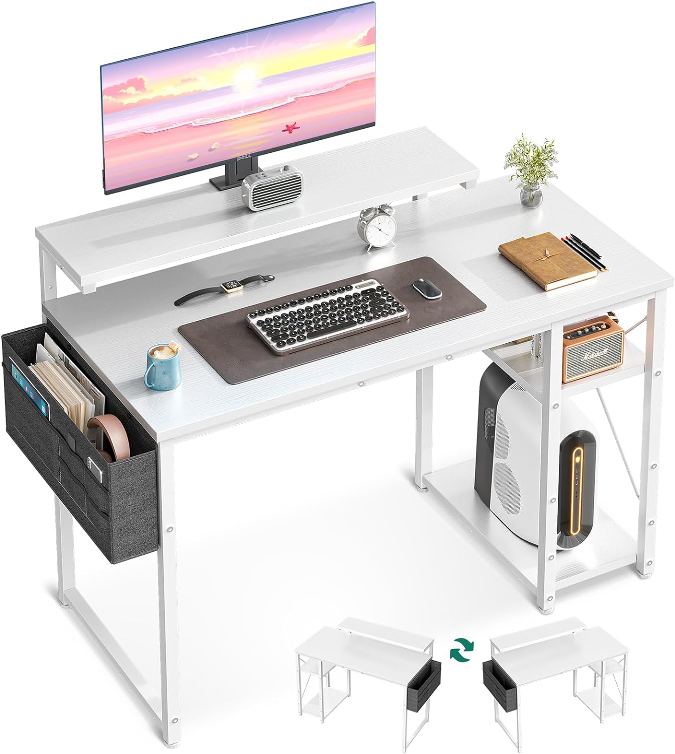 40 Inch Computer Desk with Adjustable Monitor Stand, Work Writing Desk with Shelves, PC Desk Workstation, White Home Office Desk