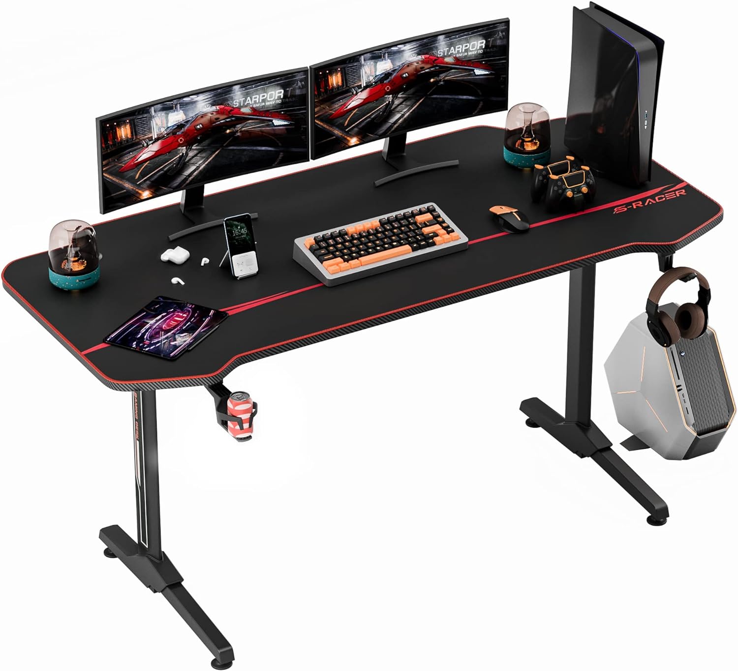 Homall Gaming Desk 55 Inch Computer Desk Racing Style Office Table Gamer Pc Workstation T Shaped Game Station with Free Mouse Pad, Cup Holder and Headphone Hook (55 Inch, Black)