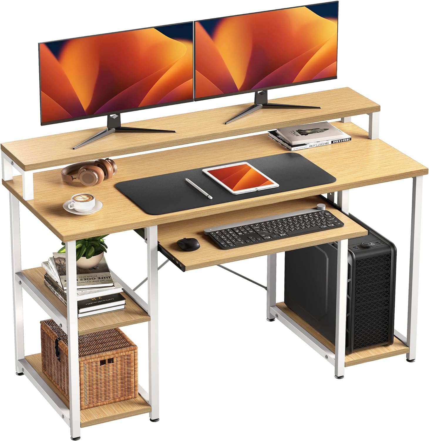 NOBLEWELL Computer Desk with Storage Shelves, 47 inch Home Office Desk with Monitor Stand, Writing Desk Table with Keyboard Tray (Bamboo)