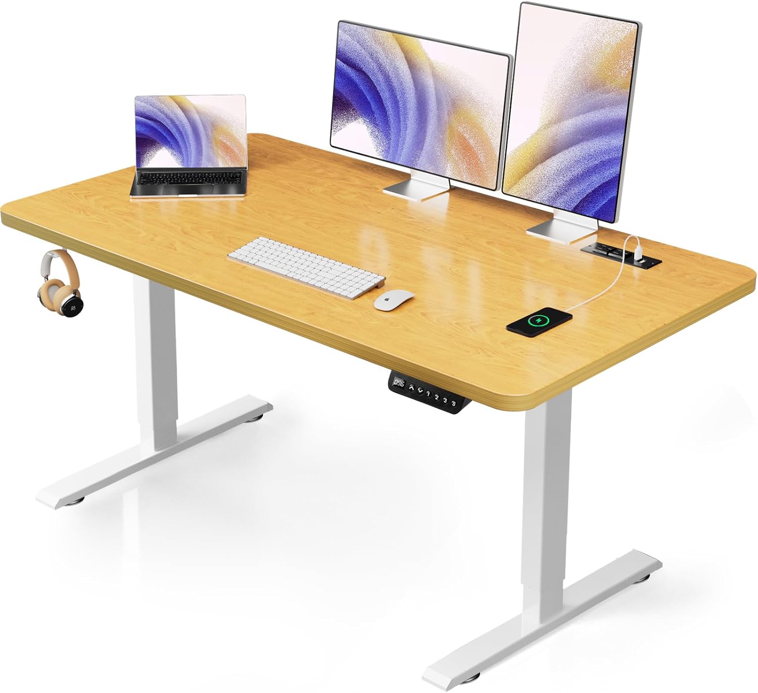 COMHOMA Height Adjustable Electric Standing Desk with Power Outlet, 48 x 24 Inches Sit Stand up Desk, Memory Computer Home Office Desk, Ergonomic Workstation with Hook and Cable, Wood