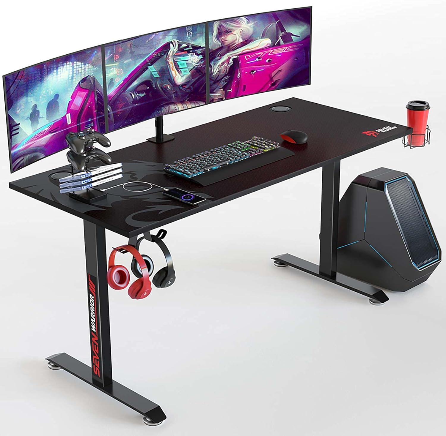 SEVEN WARRIOR Gaming Desk 55 INCH, T- Shaped Carbon Fiber Surface Gamer Desk with Full Mouse Pad, Ergonomic E-Sport Style with Double Headphone Hook, USB Gaming Rack, Cup Holder