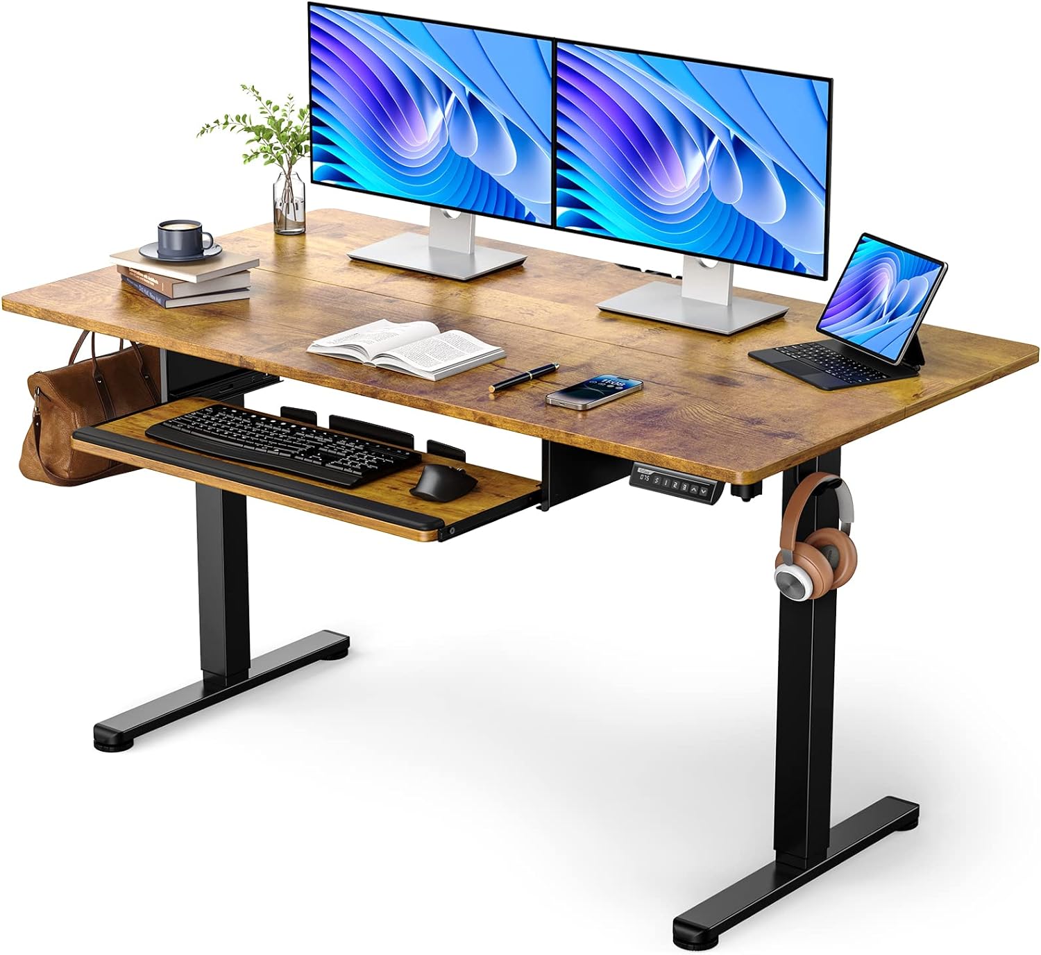 ErGear Electric Standing Desk with Keyboard Tray, 55x28 Inches Adjustable Height Sit Stand Up Desk, Home Office Desk Computer Workstation,Vintage Brown