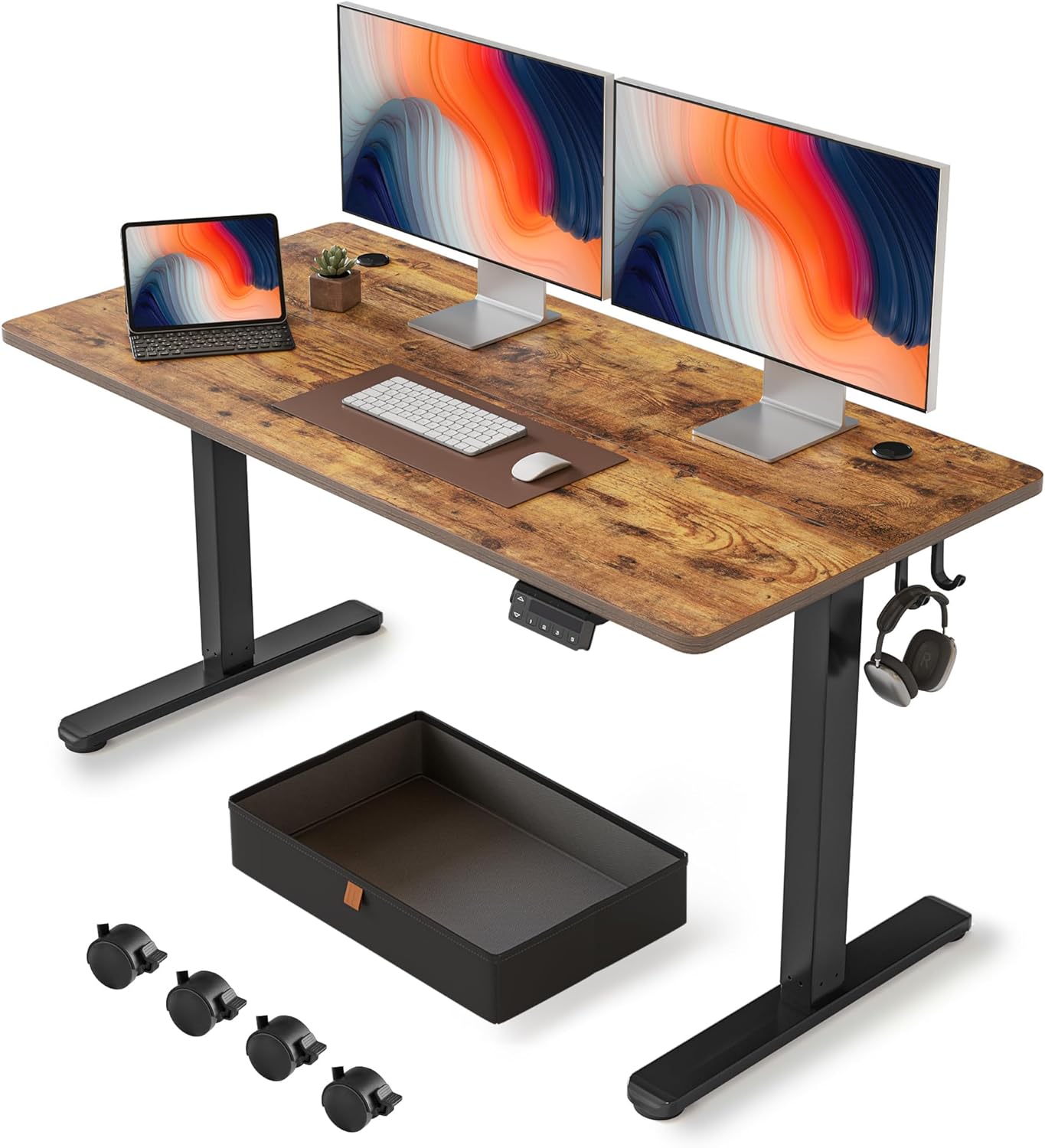 FEZIBO 55 x 24 Inches Standing Desk with Drawer, Adjustable Height Electric Stand up Desk, Sit Stand Home Office Desk, Ergonomic Workstation Black Steel Frame/Rustic Brown Tabletop