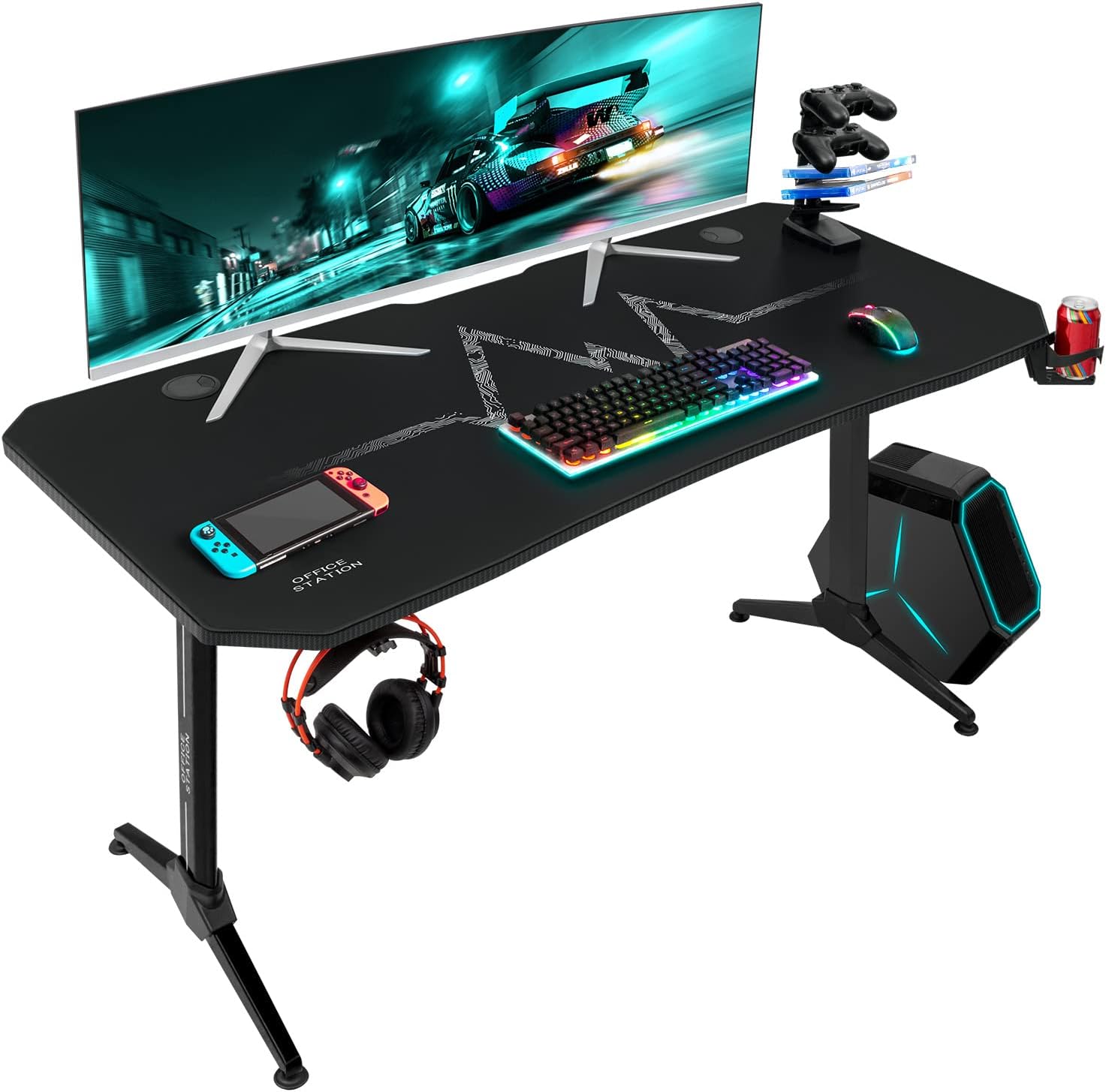 Furmax Gaming Desk T-Shaped Pc Computer Table with Carbon Fiber Surface Free Mouse Pad Home Office Desk Gamer Table Pro with Game Handle Rack Headphone Hook and Cup Holder (Black, 55 Inch)