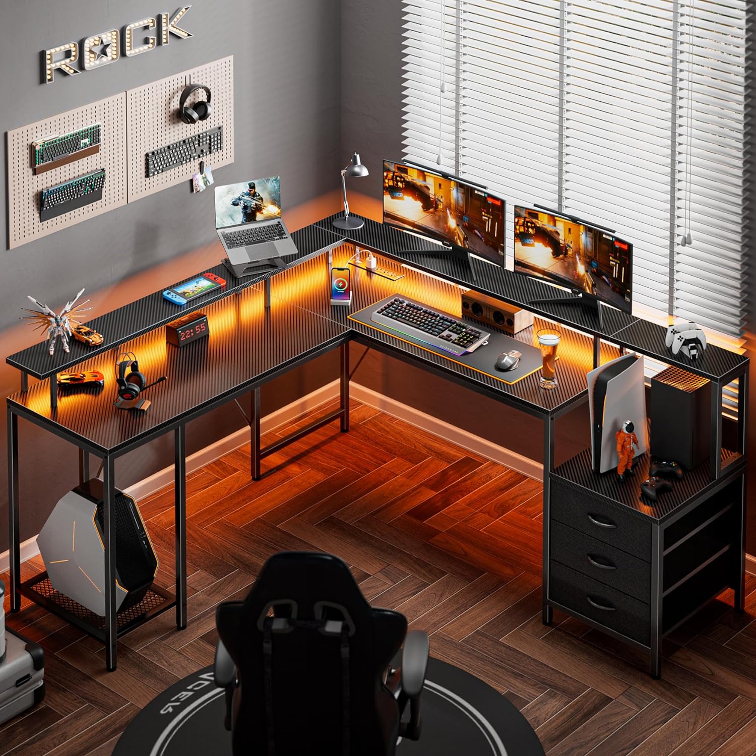 L Shaped Gaming Desk with LED Lights and Power Outlets, Computer Desk with Drawers, 66.1 Inches Corner Desk, Home Office Desk with Printer Stand, Large Storage Space, Carbon Fiber Black