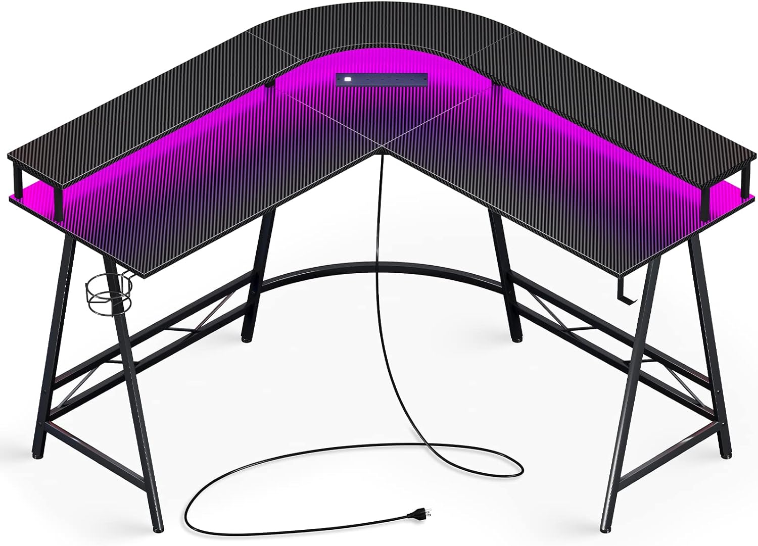 L Shaped Gaming Desk with LED Lights & Power Outlets, Computer Desk with Monitor Shelves, Home Office Desk Corner Desk with Cup Holder & Hook, Carbon Fiber Black