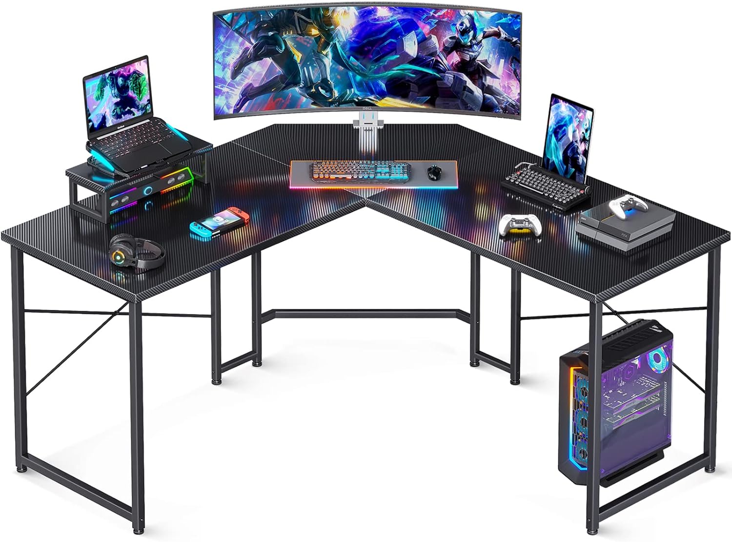 ODK L Shaped Gaming Desk, 51 Inch Computer Desk with Monitor Stand, PC Gaming Desk, Corner Desk Table for Home Office Sturdy Writing Workstation, Carbon Fiber Surface, Black