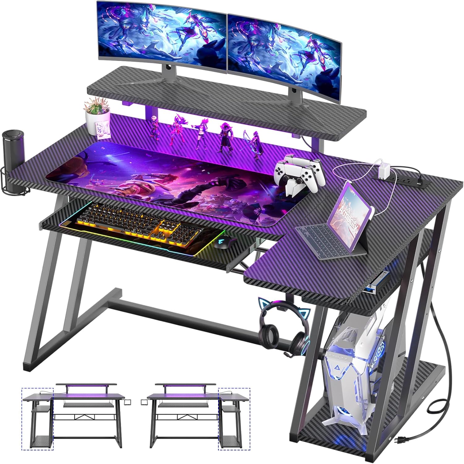 L Shaped Gaming Desk with Monitor Stand and Shelves, 47'' Gaming Computer Desk with LED Lights and Outlets, Reversible PC Gaming Desk with Keyboard Tray & Z-Shaped Legs, Carbon Fiber Black-Ba