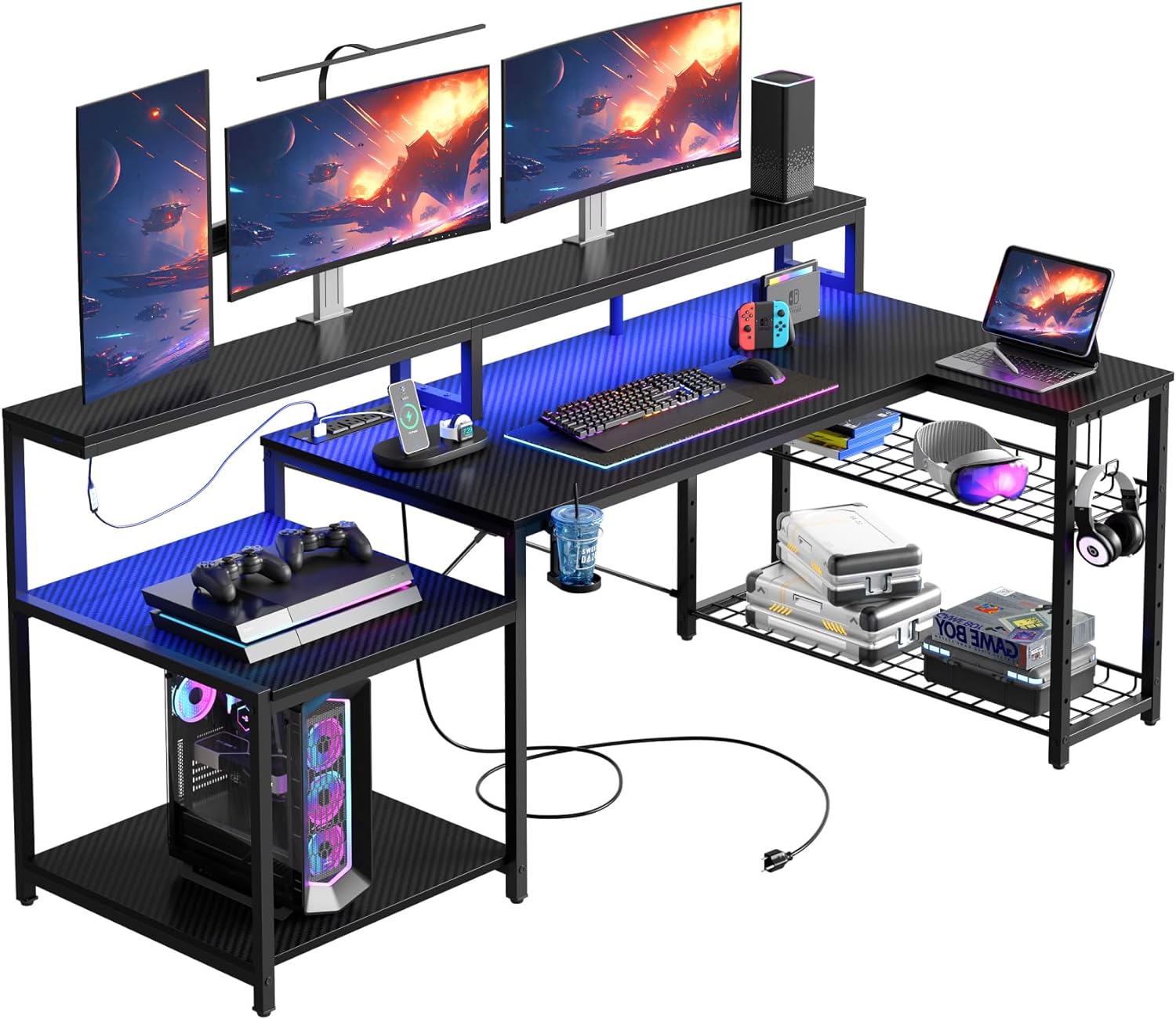 Bestier Gaming Desk with Power Outlet, 71.5 inch LED Computer Desk with Monitor Stand, L Shaped Large Desk with Metal Shelf, Cup Holder & Headset Hooks, Corner Desk for Bedroom 3D Carbon Fiber