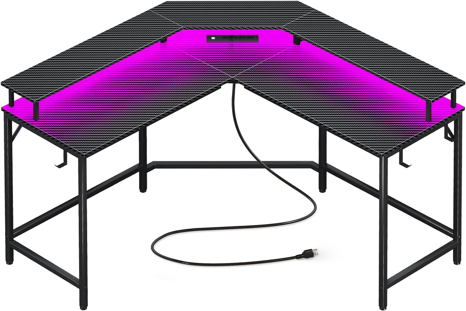 L Shaped Gaming Desk with Power Outlets & LED Lights, Computer Desk with Monitor Shelves, Carbon Fiber Surface, Home Office Desk, Corner Gaming Desk with Hooks, Black