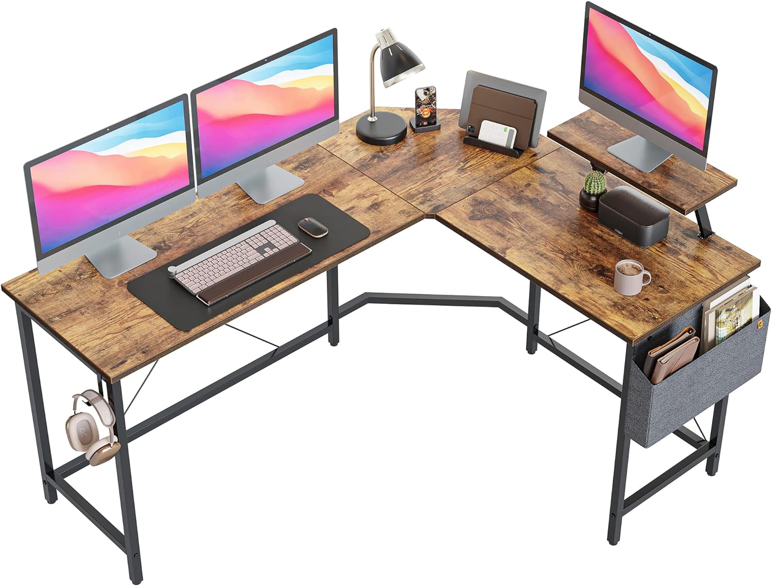 Cubiker 59.1 L-Shaped Gaming Desk, Home Office Computer Desk with Monitor Stand, Rustic Brown