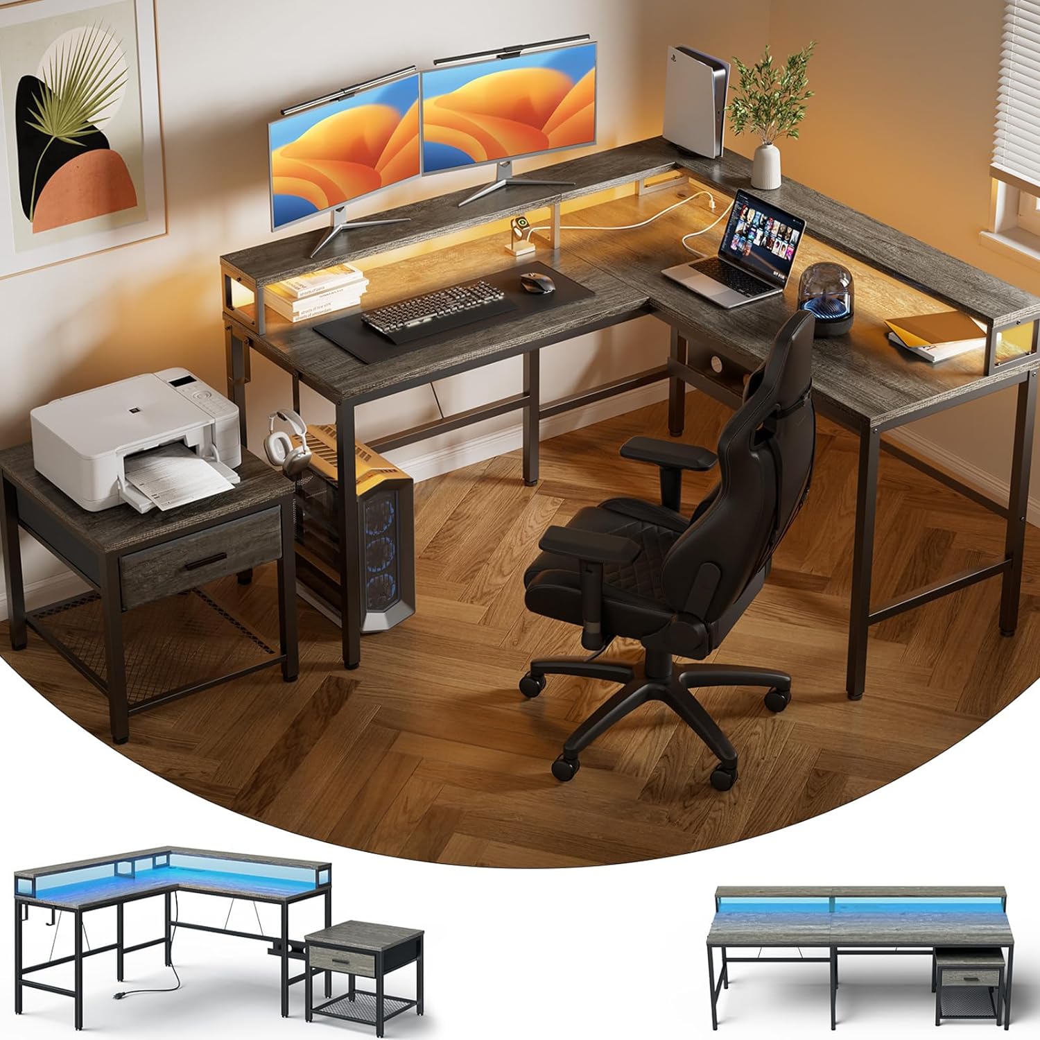 Marsail L Shaped Computer Desk with Monitor Raiser & Printer Stand, Home Office Corner Desk with Power Outlets & LED Light, Ergonomic Gaming Desk with Cable Management Tray, Hooks, Grey