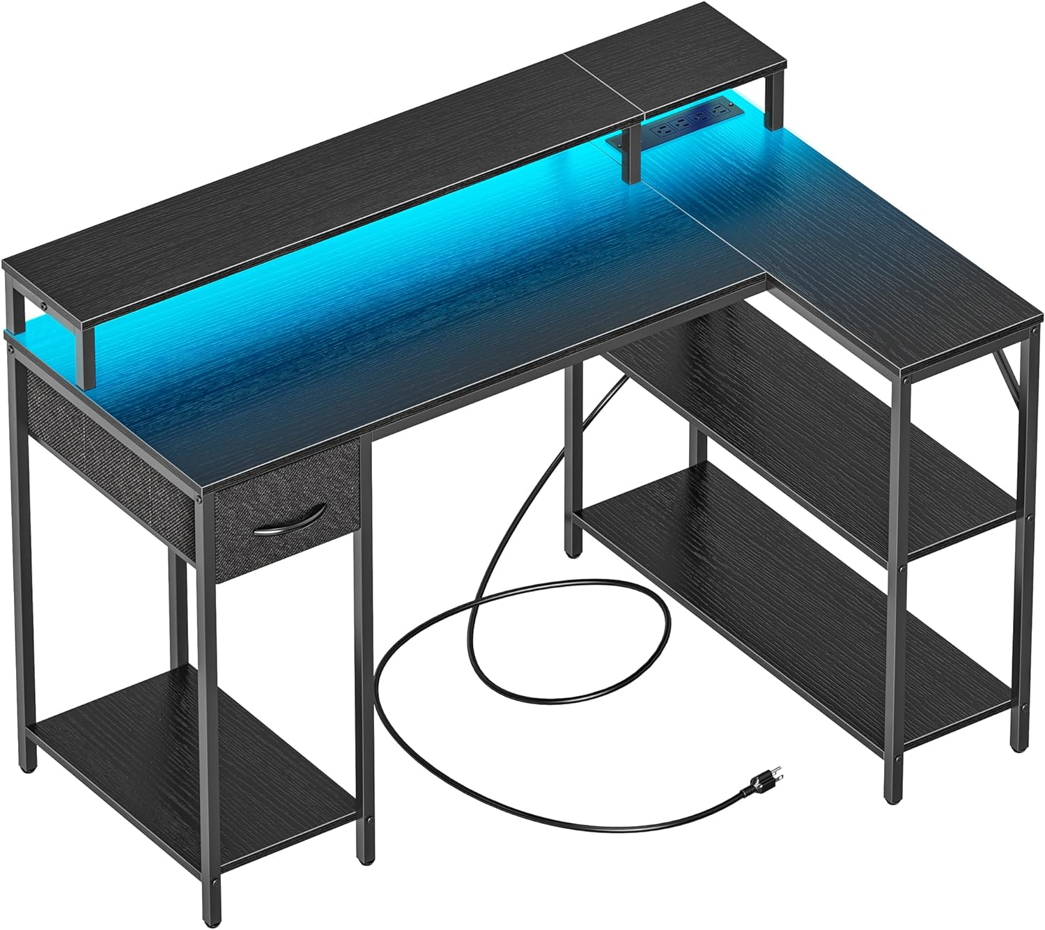 SUPERJARE L Shaped Gaming Desk with LED Lights & Power Outlets, Reversible Computer Desk with Shelves & Drawer, Corner Desk Home Office Desk, Black