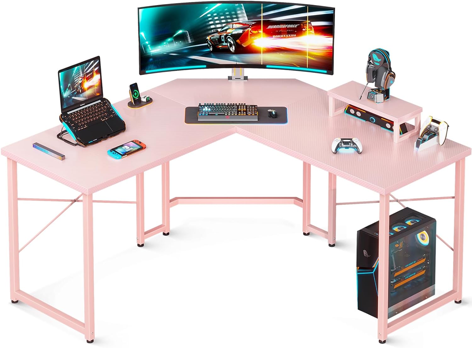 51 Inch L Shaped Gaming Desk with Monitor Stand, Computer Desk for Home Office, PC Corner Desk Table Sturdy Writing Workstation, Carbon Fiber Surface, Pink