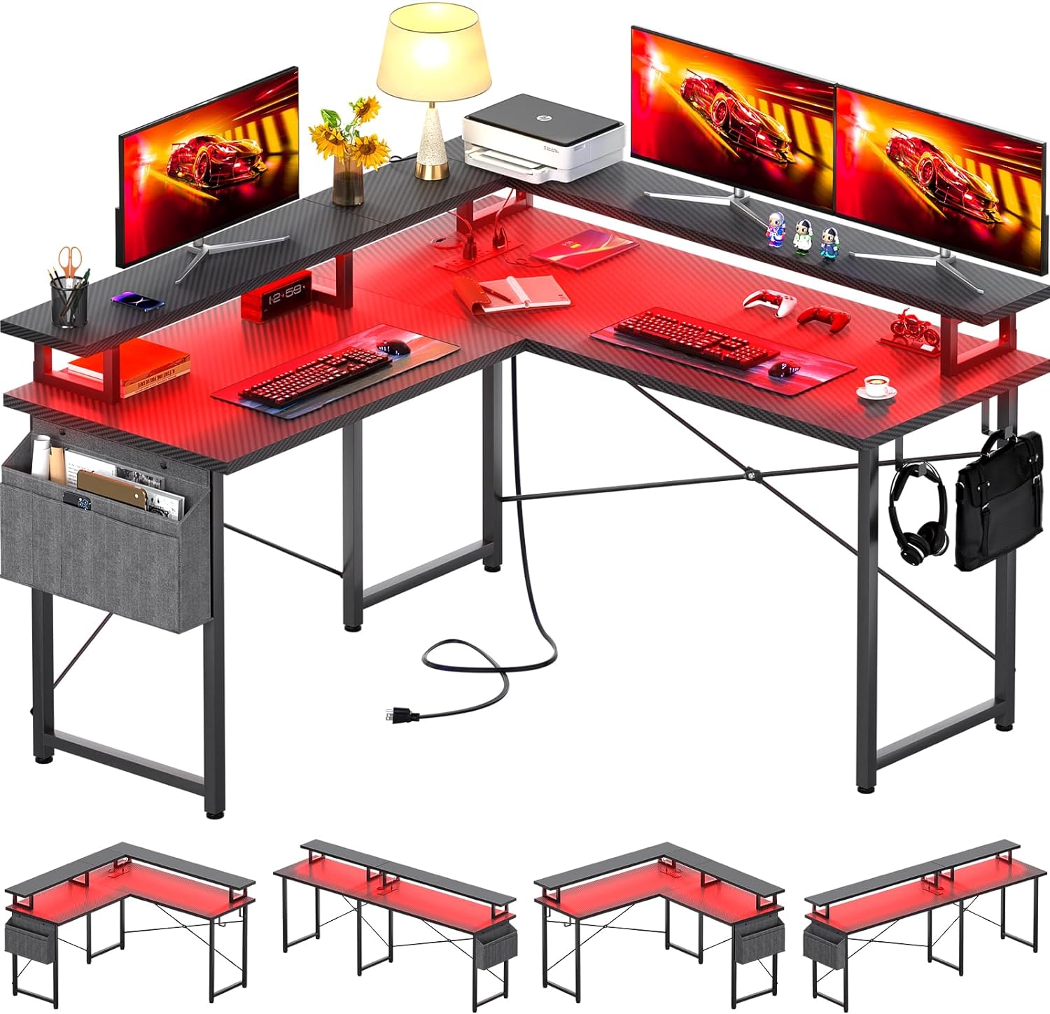 L Shaped Computer Desk with Power Outlets, Gaming Desk L Shaped with LED Lights, Corner Desk with Storage Shelves, Work Study Desk for Bedroom, Home Office Small Spaces, 47'', Carbon Fiber Black