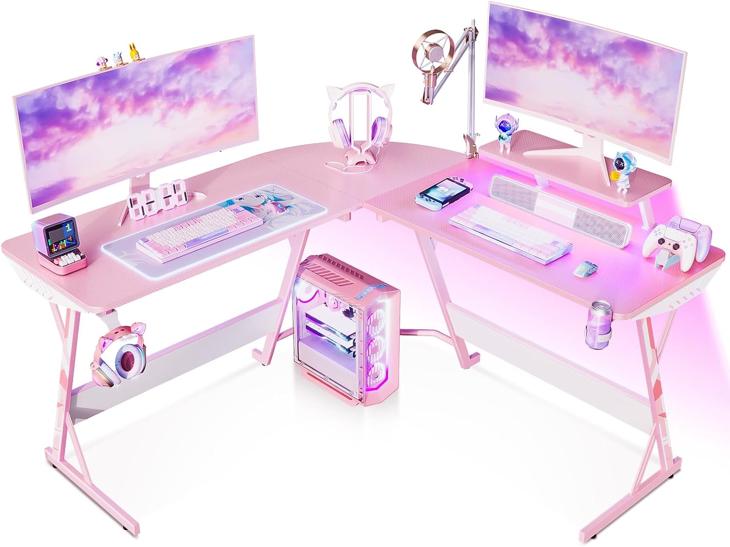 MOTPK Pink Gaming Desk with LED Lights, Carbon Fiber L Shaped Gaming Desk, Corner Gaming Table L Shape, Gamer Desk with Monitor Stand & Cup Holder & Headphone Hook, 51 Inch, for Women & Girls Gift