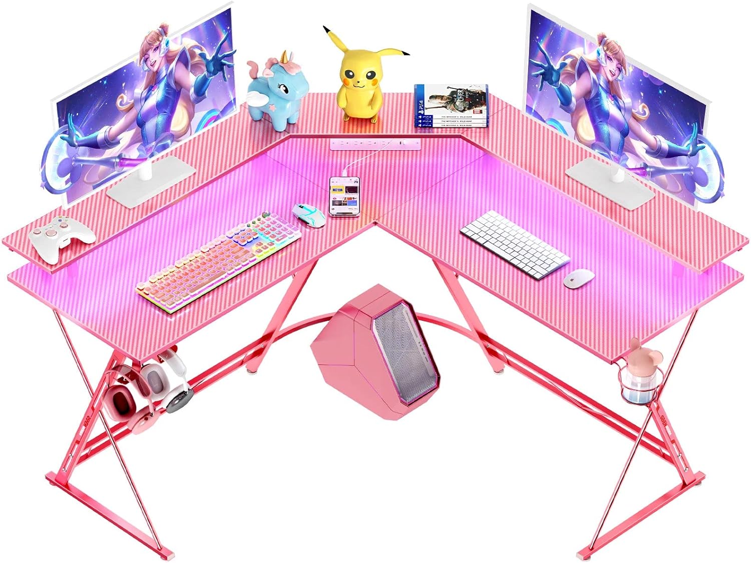 SEVEN WARRIOR Gaming Desk 50.4 with LED Strip & Power Outlets, L-Shaped Computer Desk Carbon Fiber Surface with Monitor Stand, Ergonomic Corner Desk with Cup Holder, Headphone Hook, Pink